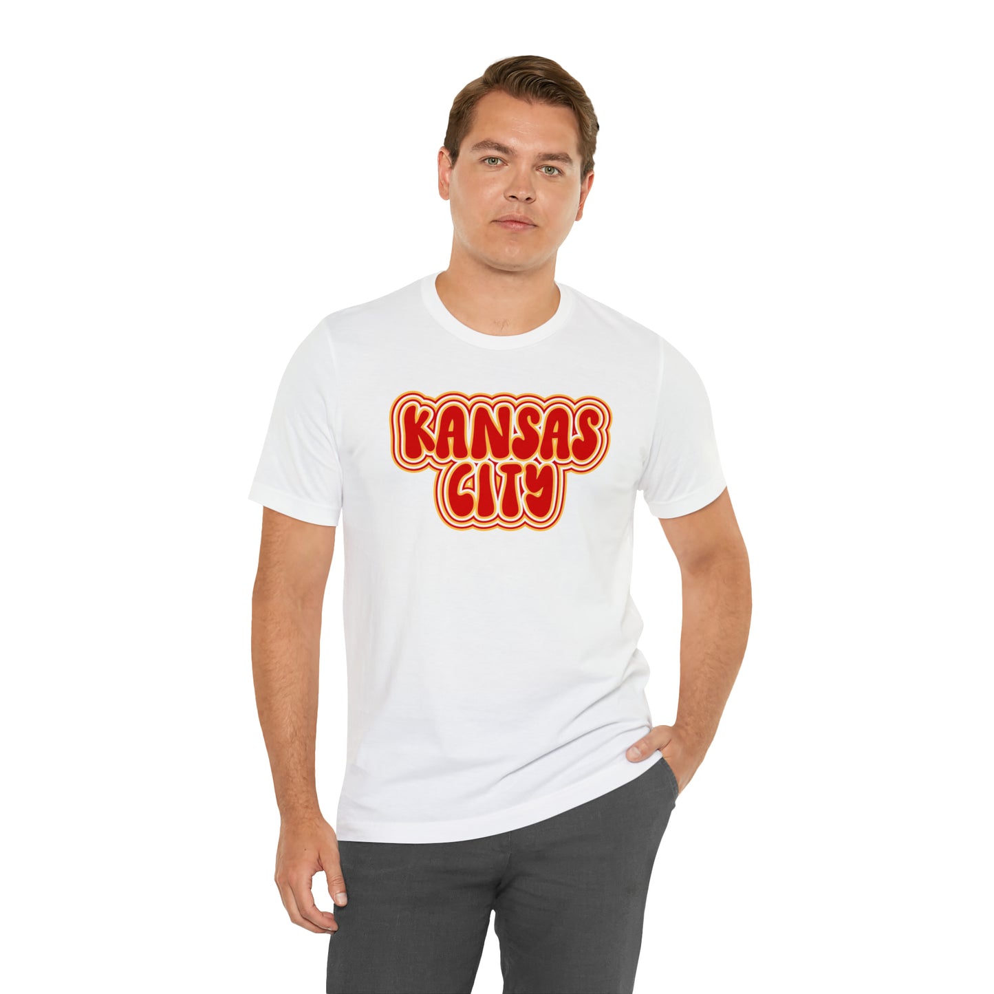 Swift Kelce Football Bubble Font Bella Jersey Short Sleeve Tee (Unisex) - Front and Back Design