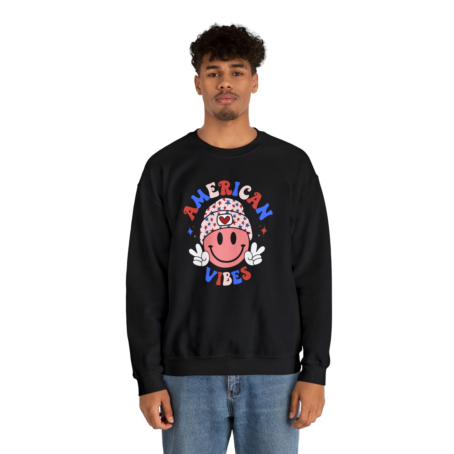 USA American Vibes Smiley Face with Heart Beanie and Peace Signs Heavy Blend™ Crewneck Sweatshirt
