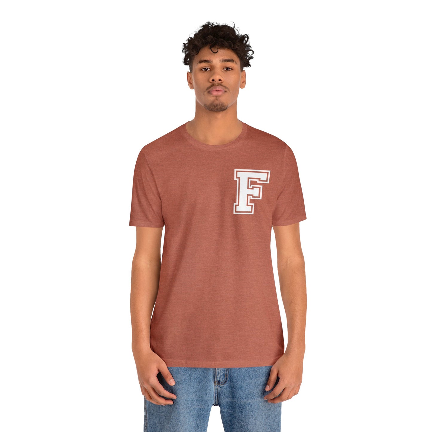 Front and Back Design - Varsity F Vertical Freeburg Midgets Logo Bella Jersey Short Sleeve Tee (Unisex)