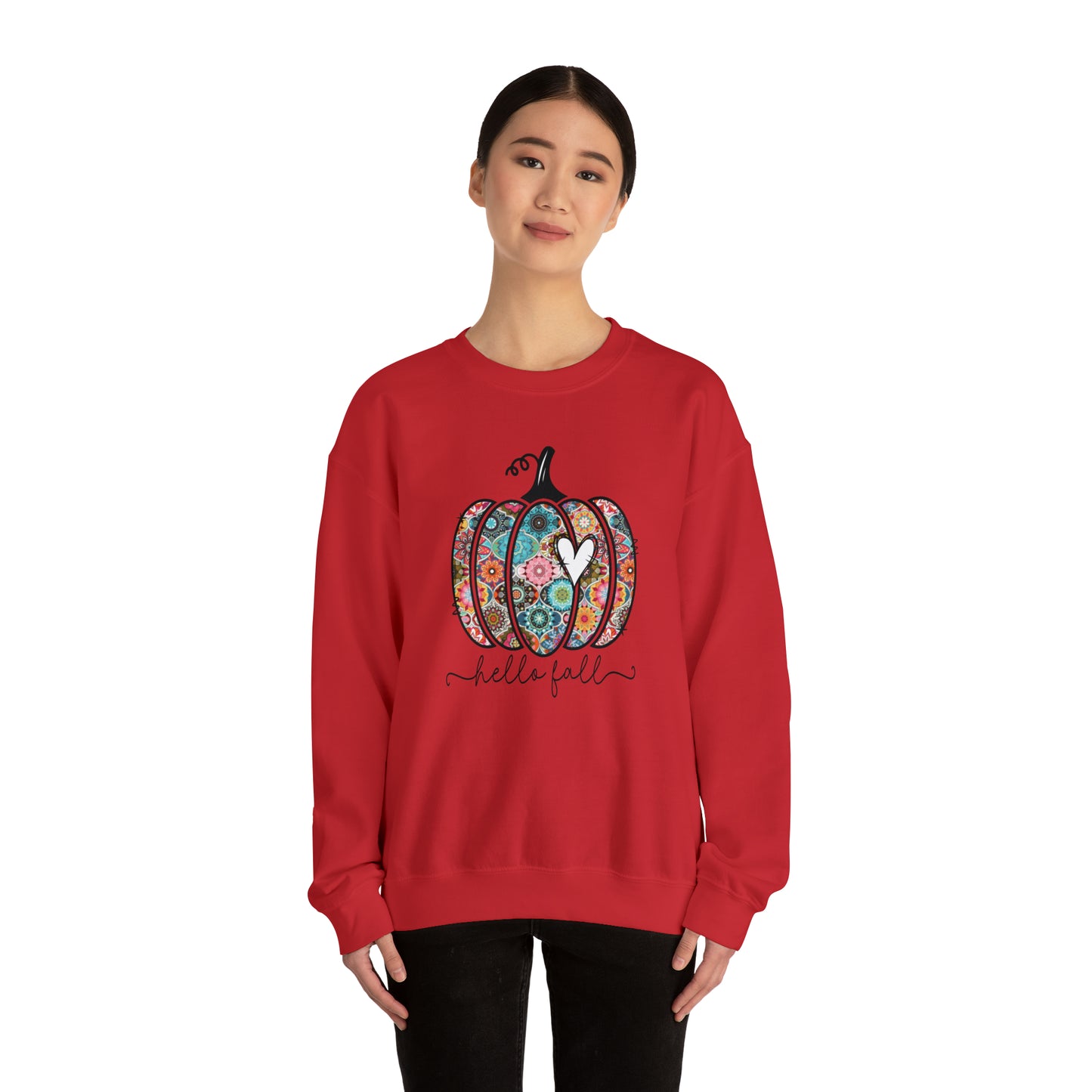 Hello Fall Print Pumpkin Fall Halloween Retro Warm Colored Unisex Heavy Blend™ Crewneck Sweatshirt