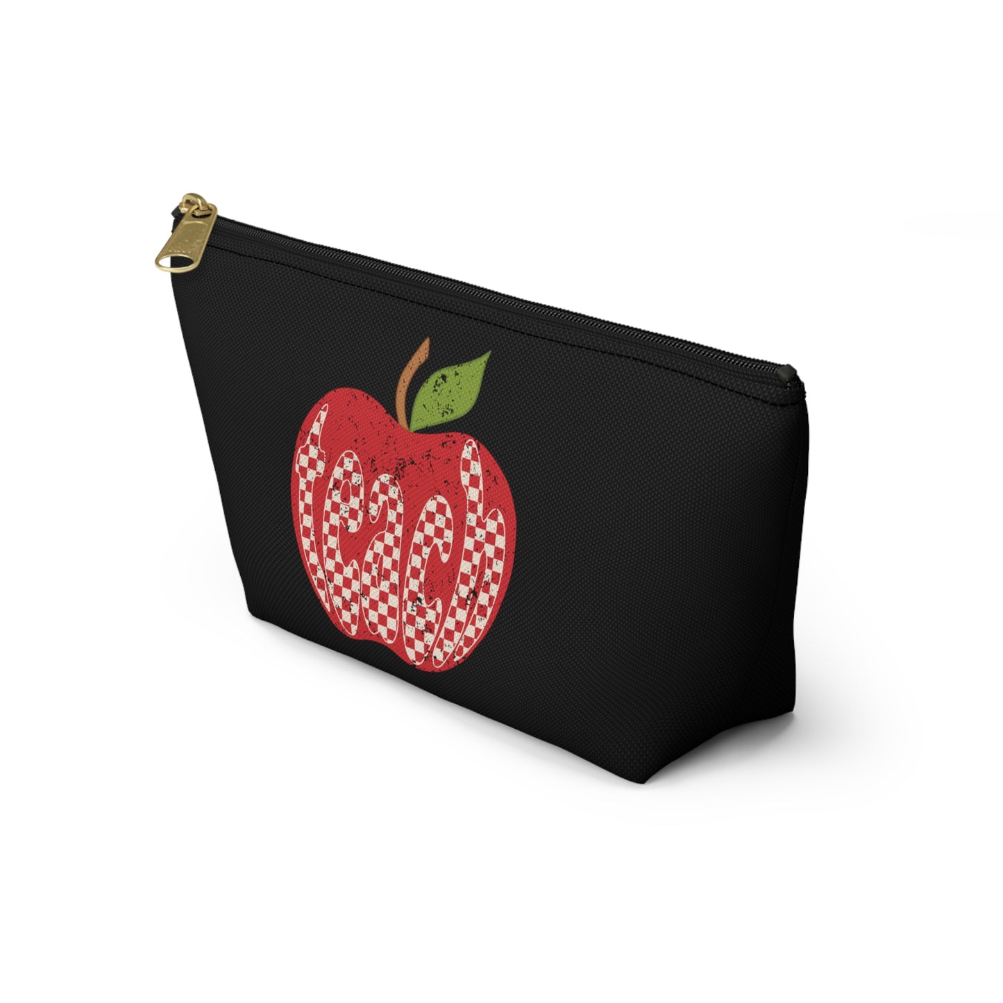 Distressed Teacher Checkered Apple Print Design Accessory Pouch w T-bottom - Black