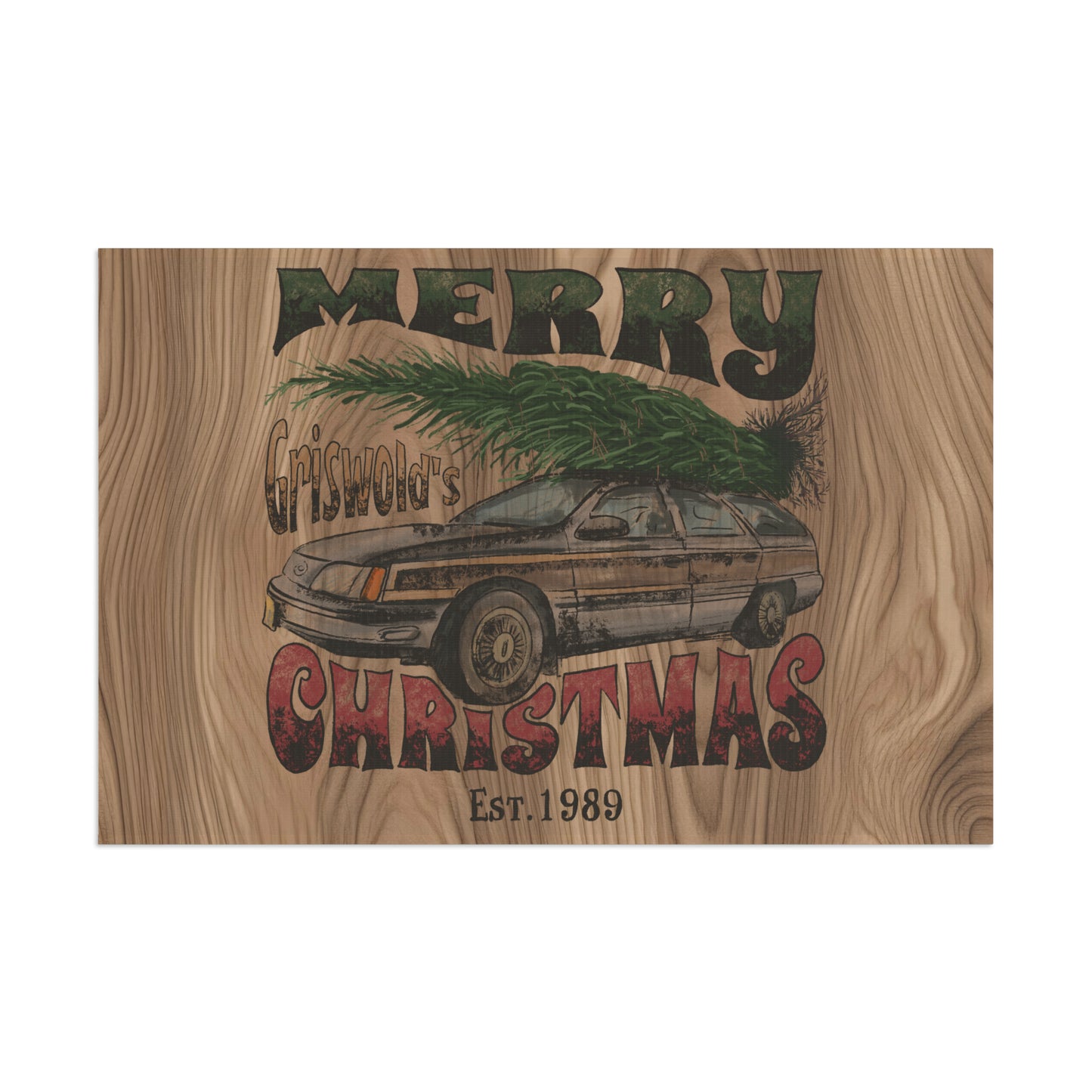 Distressed Merry Griswold's Christmas Tree Station Wagon Holiday Wooden Print Flag