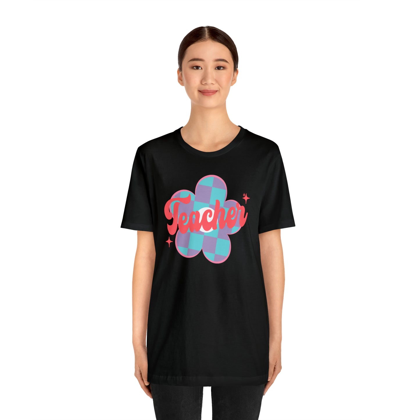 Purple and Blue Plaid Daisey Teacher T-Shirt