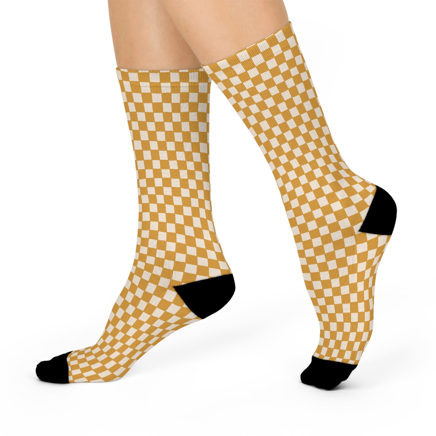 Gold Checkered Cushioned Crew Socks - White