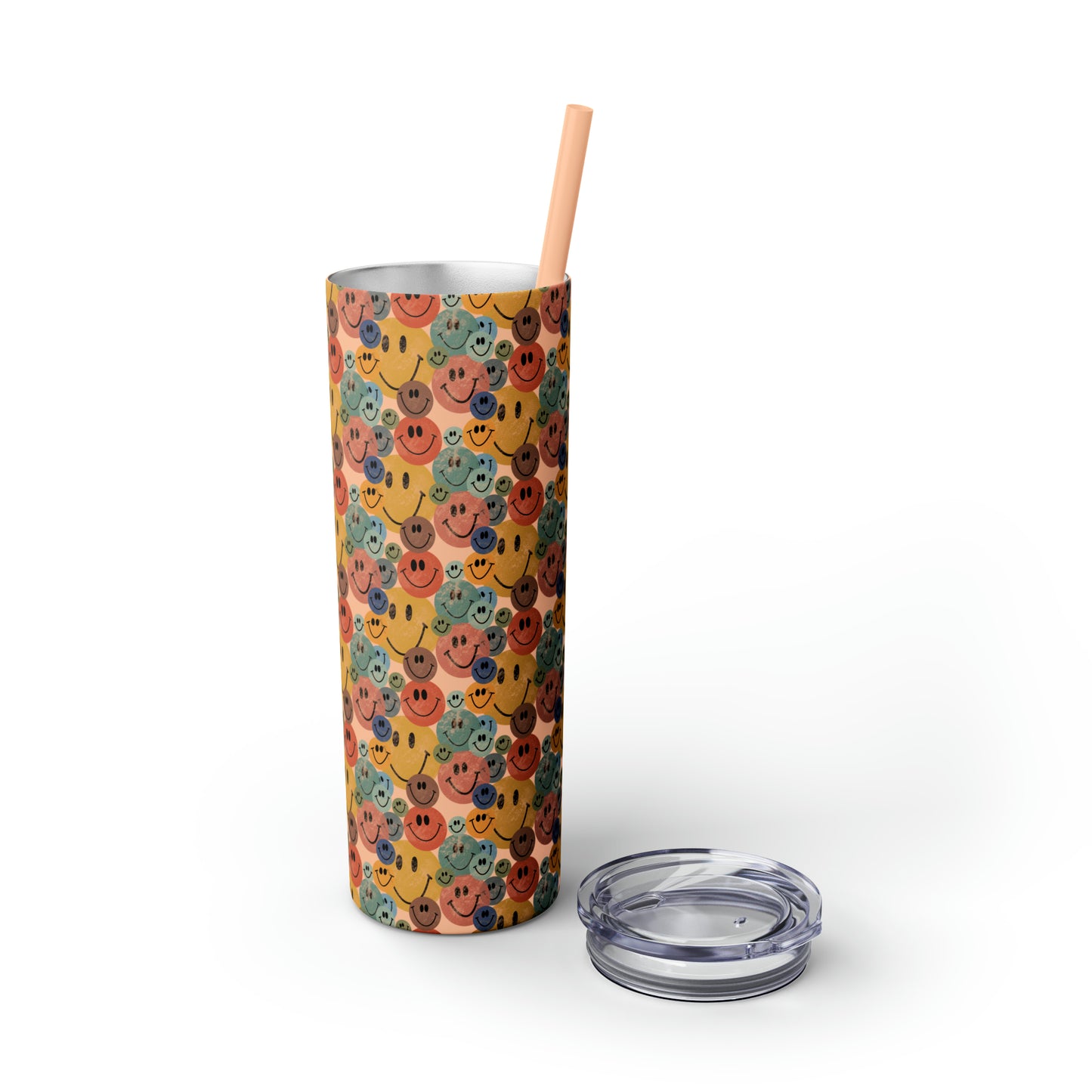 Old School Smiley Face Stickers Patterned Skinny Tumbler with Straw, 20oz