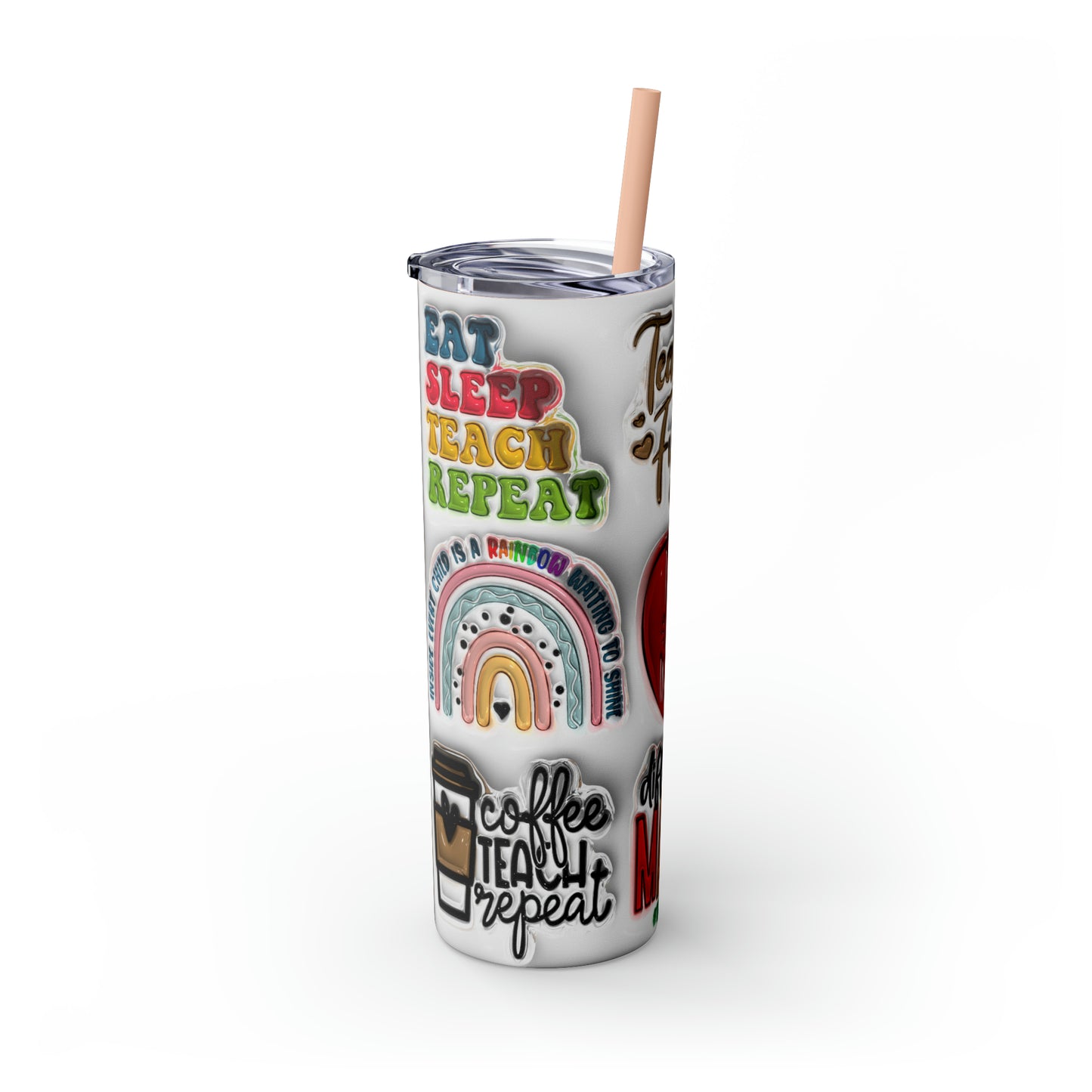 A+ Teacher Quotes Collage Skinny Tumbler with Straw, 20oz