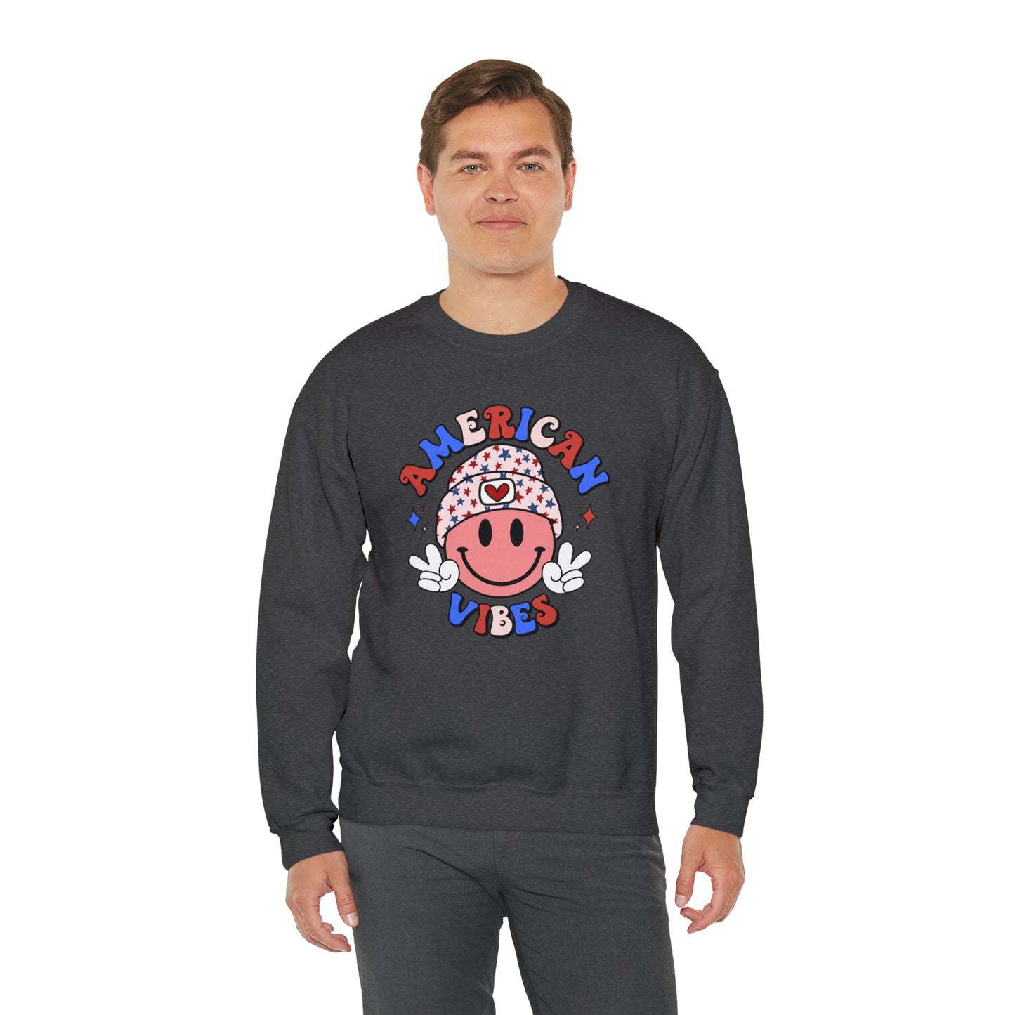 USA American Vibes Smiley Face with Heart Beanie and Peace Signs Heavy Blend™ Crewneck Sweatshirt