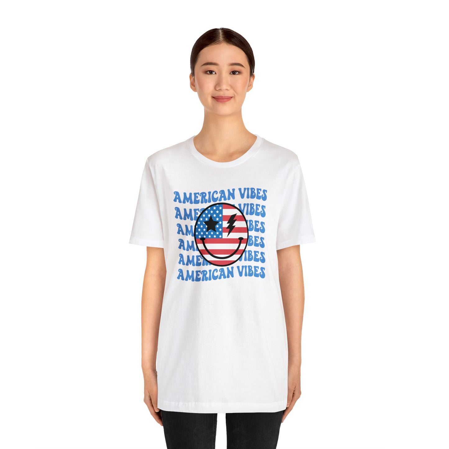 USA American Vibes American Flag Smiley Face Unisex Jersey Short Sleeve Tee