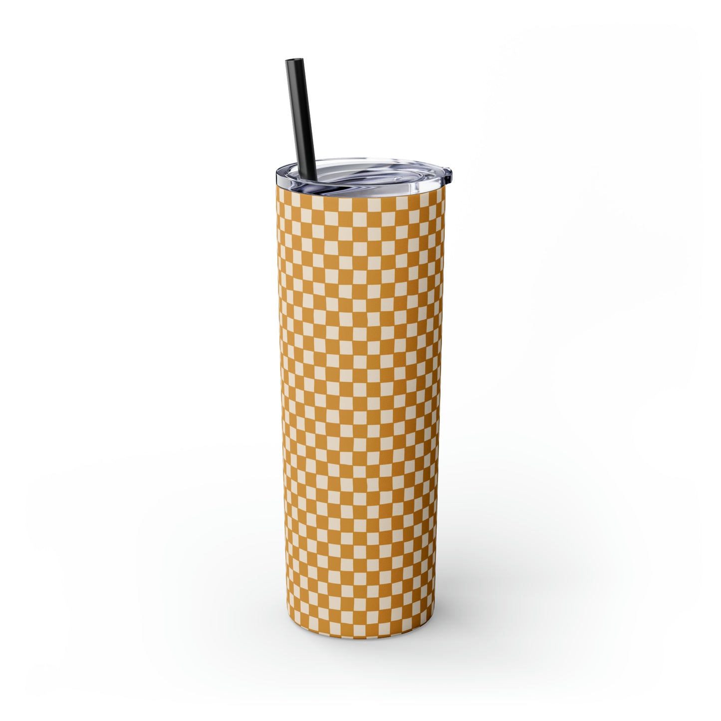 Boho Golden Checkerboard Print Skinny Tumbler with Straw, 20oz