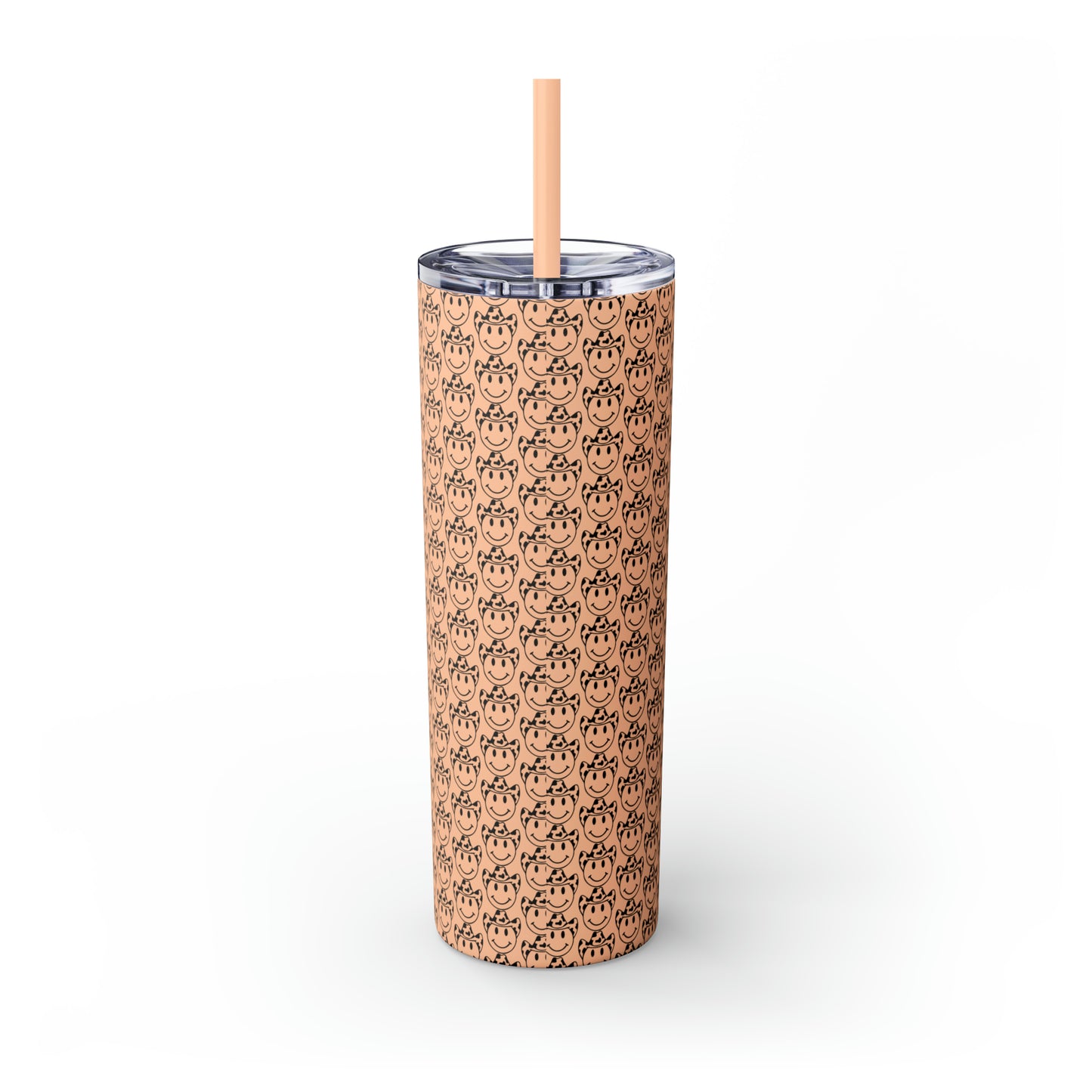 Howdy Howdy Howdy Smiley Face with Cowboy Hat Skinny Tumbler with Straw, 20oz