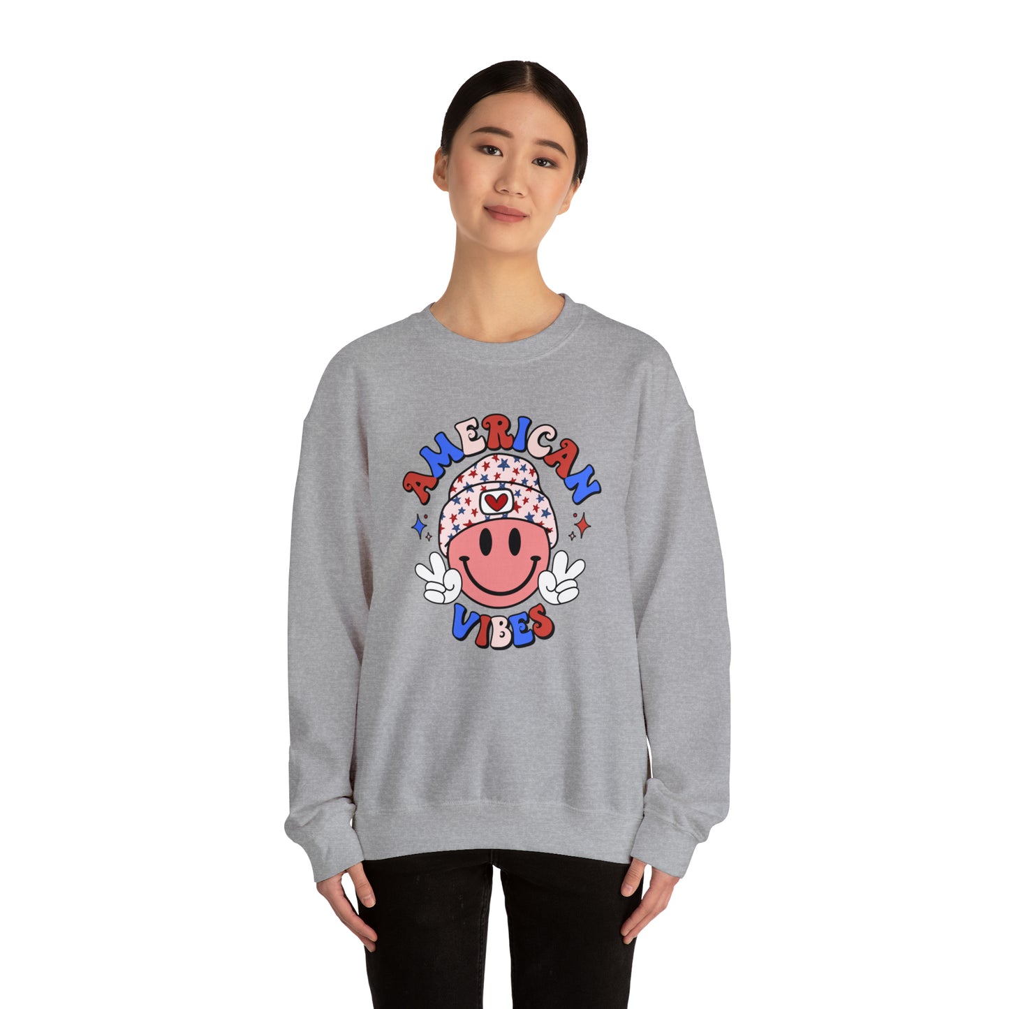 USA American Vibes Smiley Face with Heart Beanie and Peace Signs Heavy Blend™ Crewneck Sweatshirt