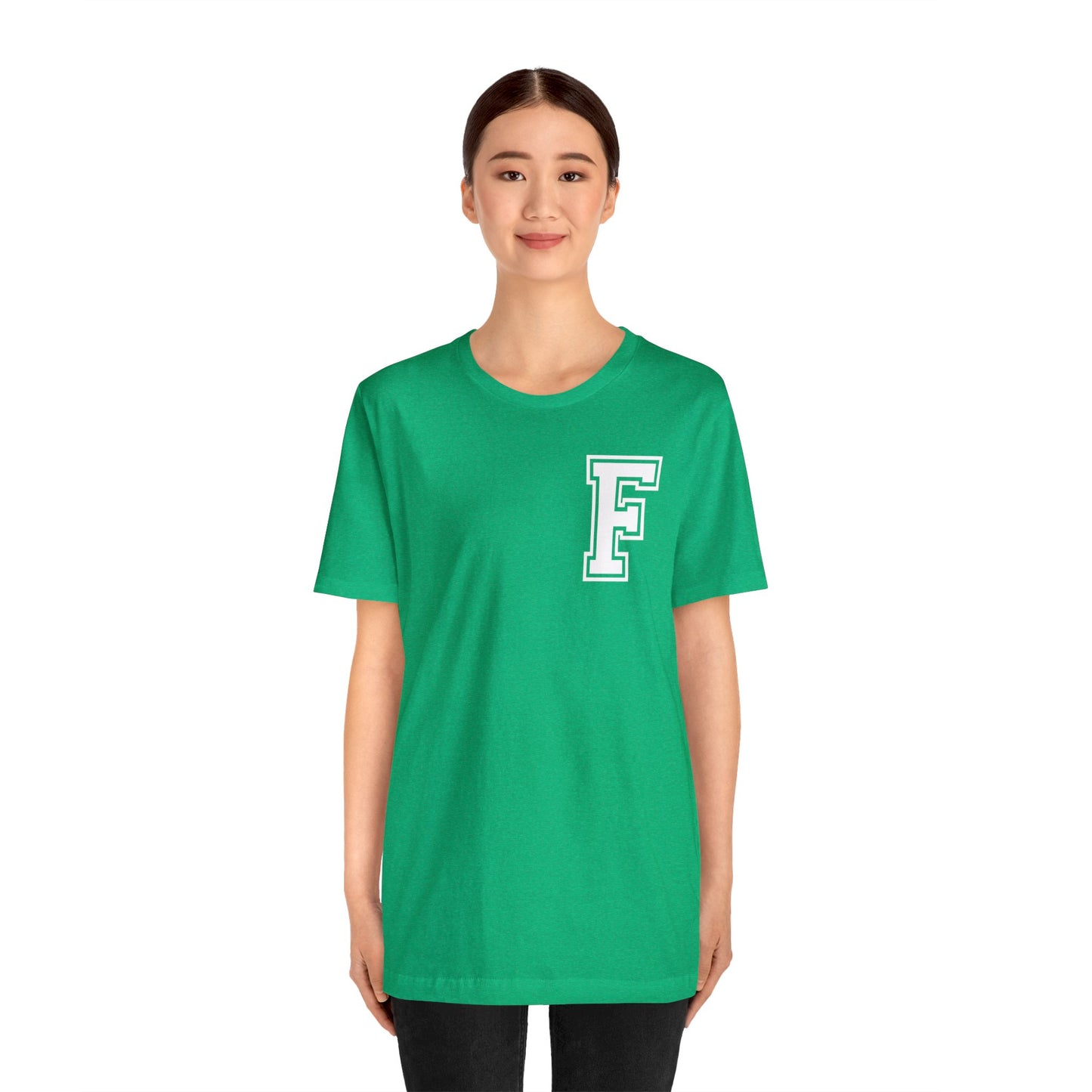 Front and Back Design - Varsity F Vertical Freeburg Midgets Logo Bella Jersey Short Sleeve Tee (Unisex)
