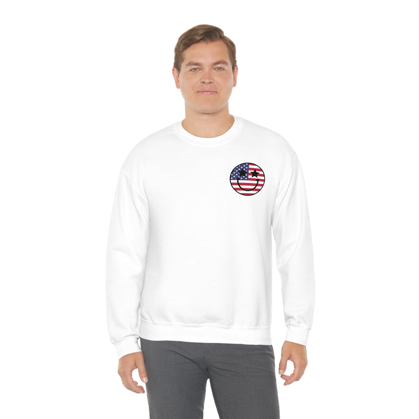 "Land of the Free Because of the Brave with Smiley Face Front" (Front & Back Design) - Unisex Heavy Blend™ Crewneck Sweatshirt