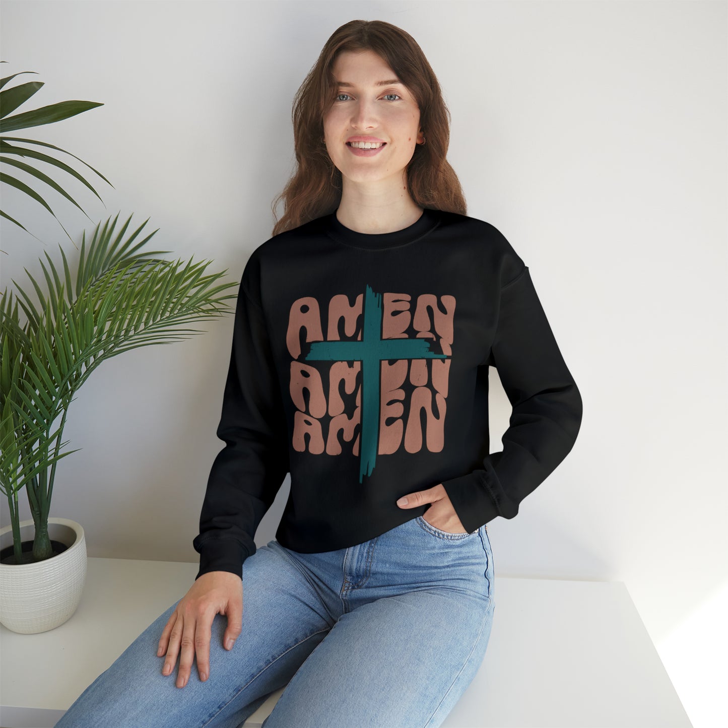 Vintage Amen Amen Amen with Cross Design Boho Color Print Heavy Blend™ Crewneck Sweatshirt