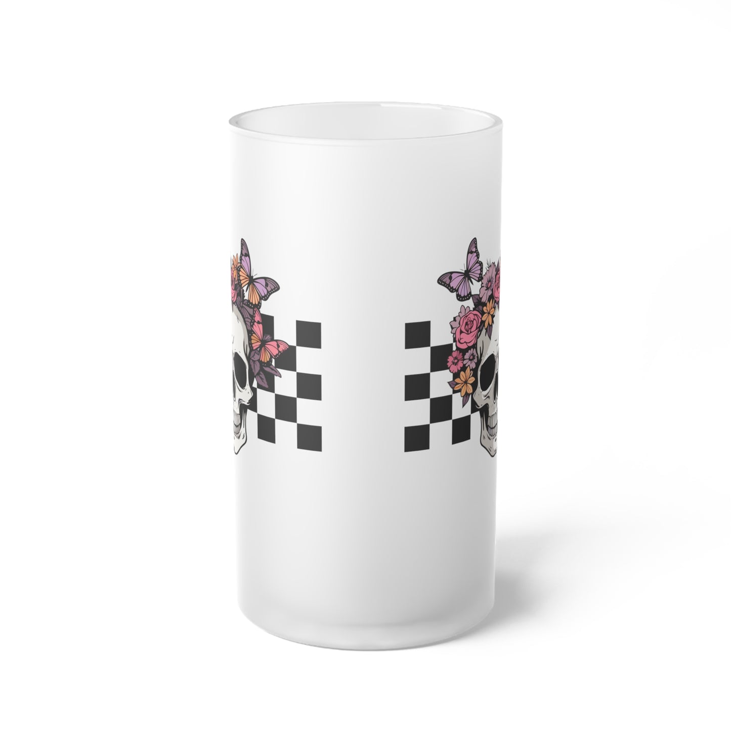 Floral Skeleton Head Hallowen/ Fall Logo Frosted Glass Beer Mug