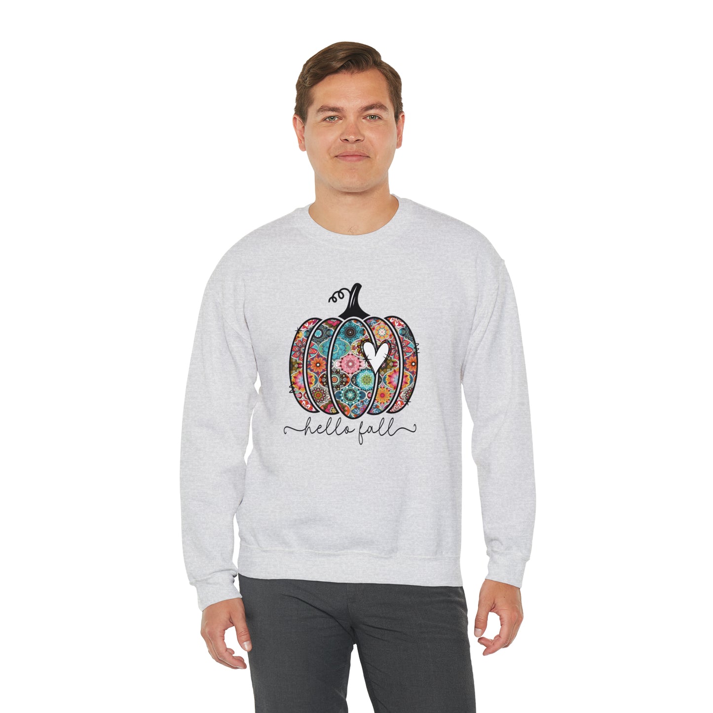 Hello Fall Print Pumpkin Fall Halloween Retro Warm Colored Unisex Heavy Blend™ Crewneck Sweatshirt