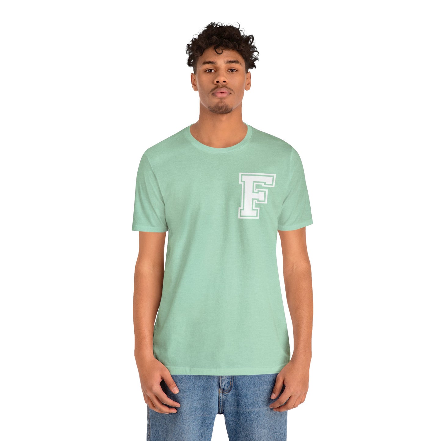 Front and Back Design - Varsity F Vertical Freeburg Midgets Logo Bella Jersey Short Sleeve Tee (Unisex)