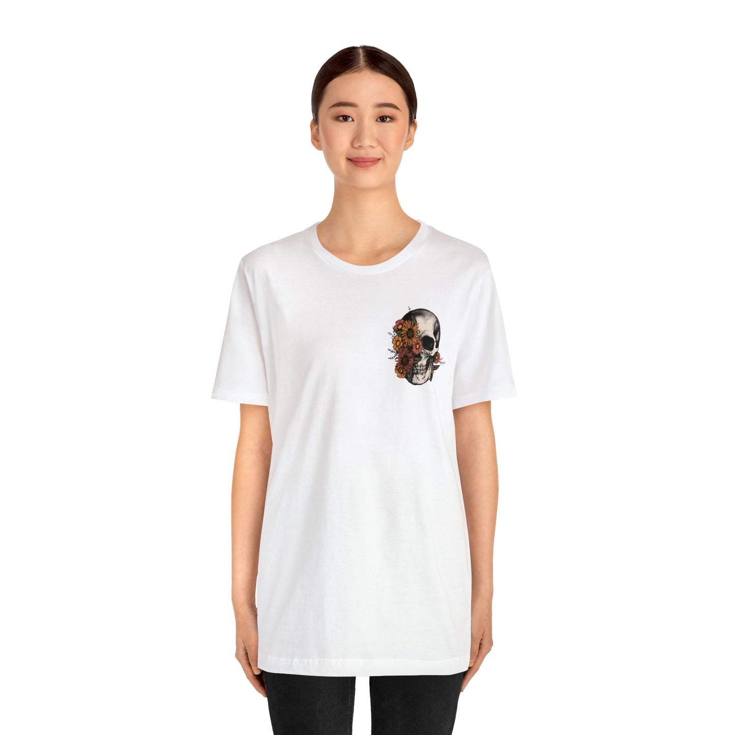Floral Skeleton Head Front and Back Design T-Shirt