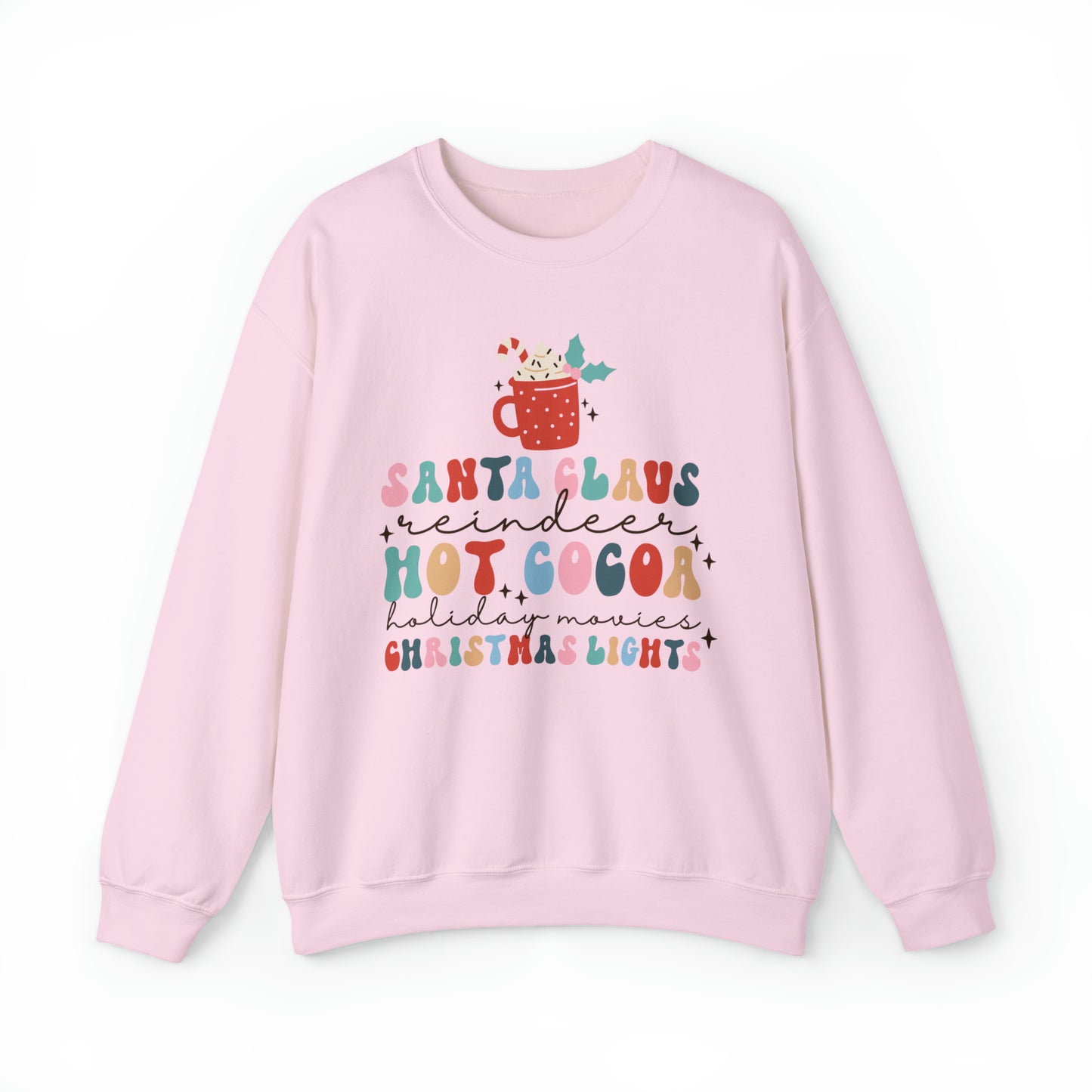 Santa Claus Reindeer Hot Cocoa Christmas Lights Heavyweight Crewneck Sweatshirt