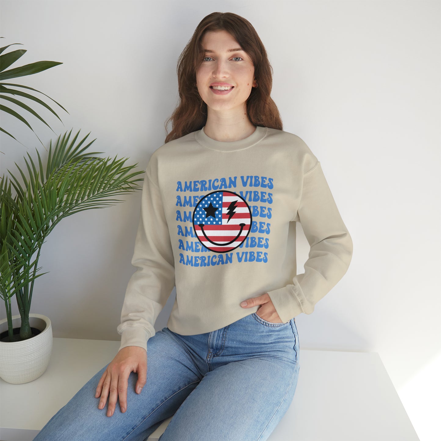 USA American Vibes Flag Smiley Face Heavy Blend™ Crewneck Sweatshirt
