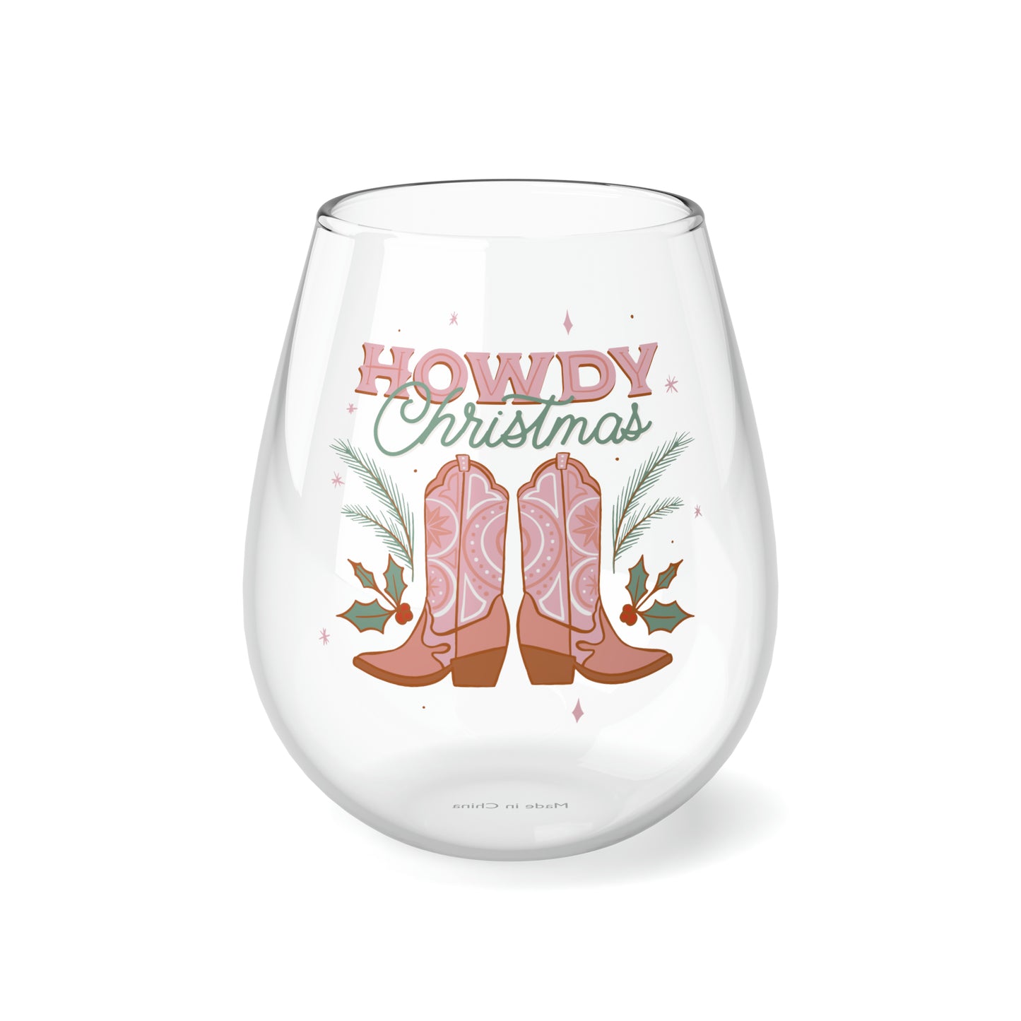 Howdy Christmas Pink Boots Stemless Wine/ Glass, 11.75oz