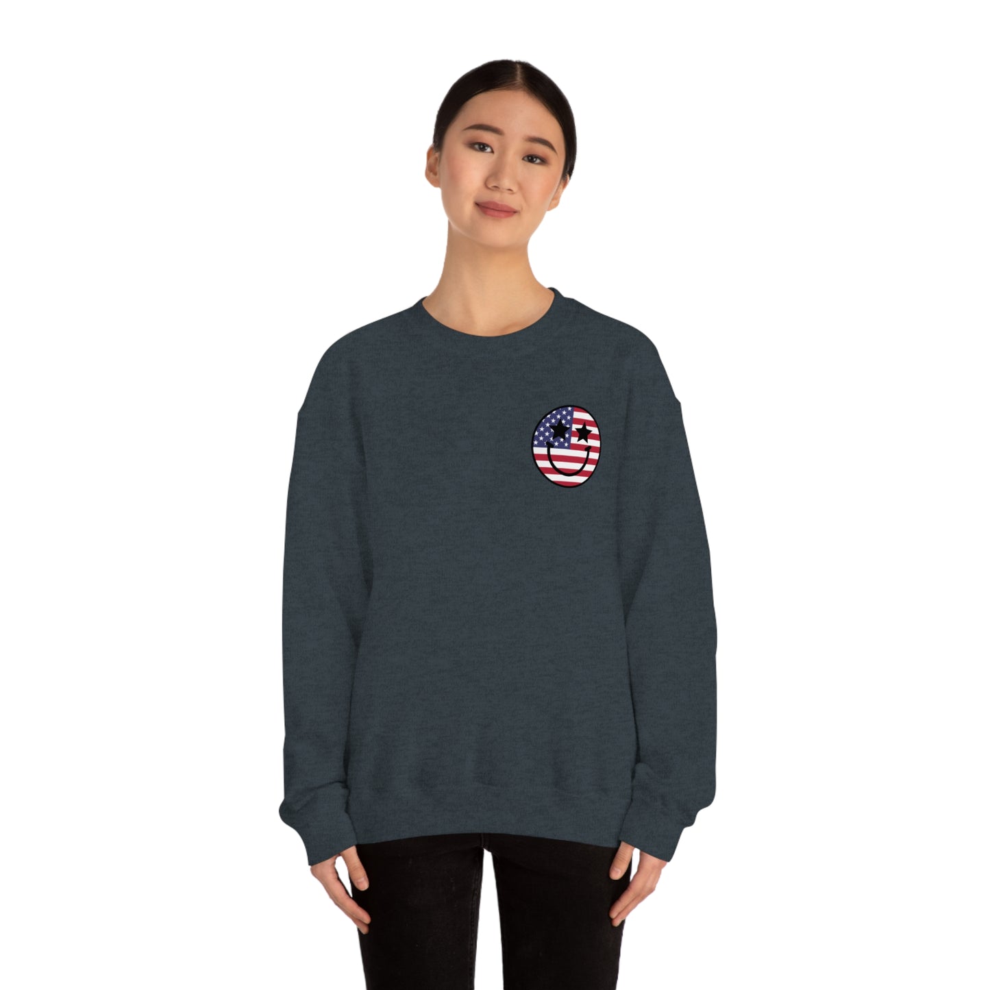 "Land of the Free Because of the Brave with Smiley Face Front" (Front & Back Design) - Unisex Heavy Blend™ Crewneck Sweatshirt