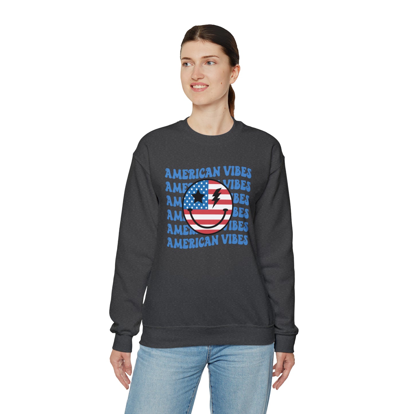 USA American Vibes Flag Smiley Face Heavy Blend™ Crewneck Sweatshirt