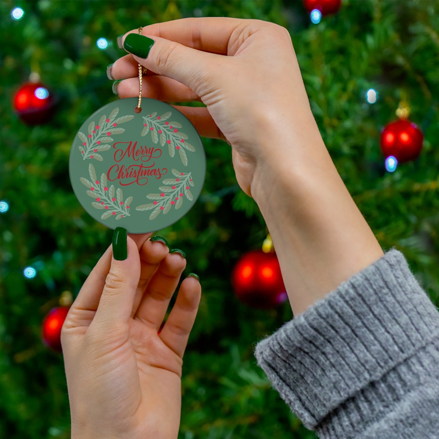 Merry Christmas Holly Berry Ceramic Ornament, 4 Shapes