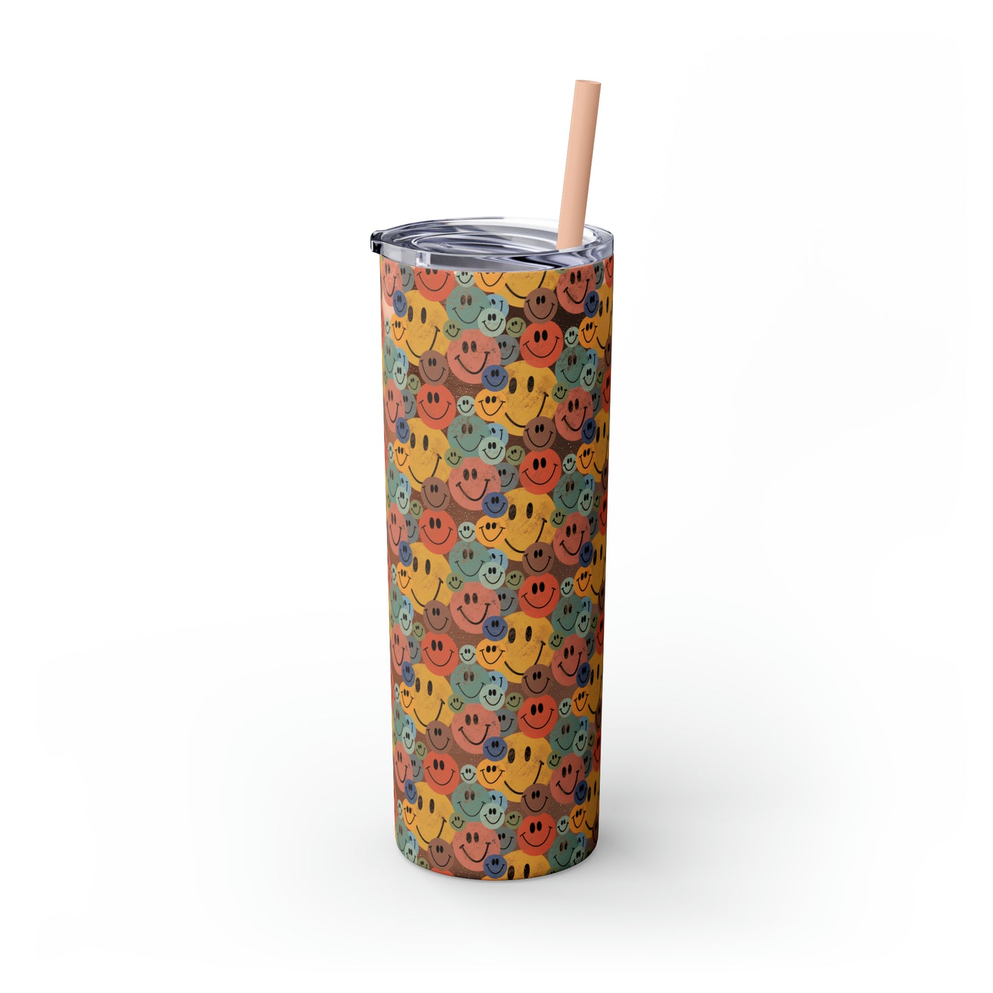 Old School Smiley Face Stickers Patterned Skinny Tumbler with Straw, 20oz