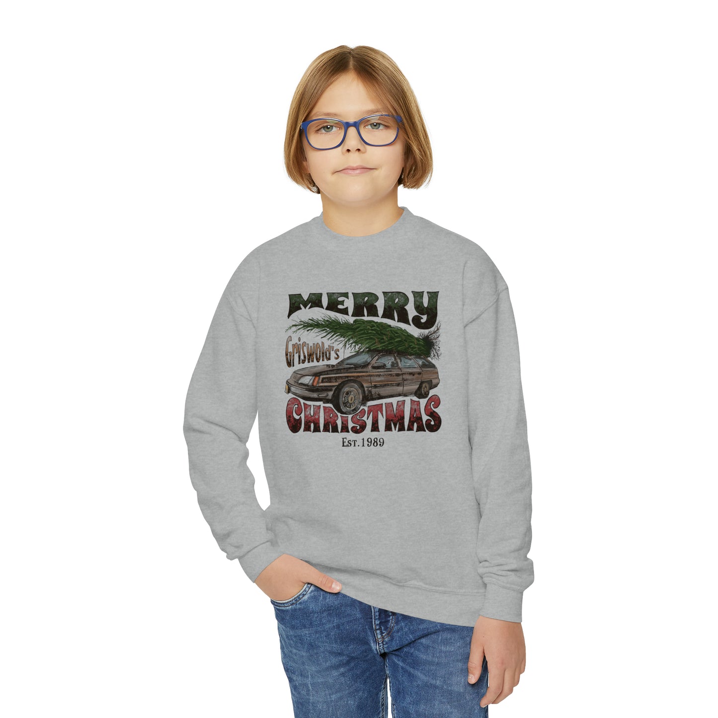 YOUTH - Merry Griswold's Christmas Tree Station Wagon Holiday Youth Crewneck Sweatshirt