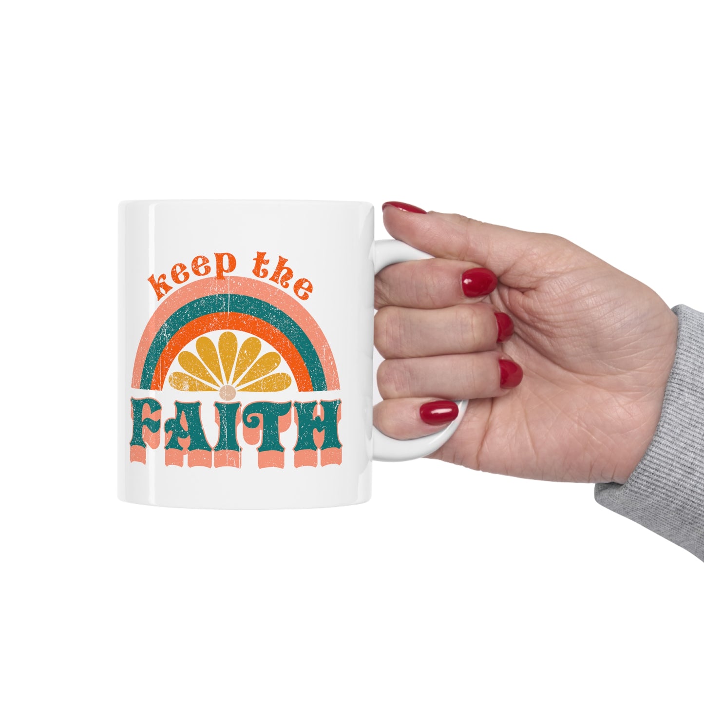 Keep the Faith Boho Retro Rainbow Sun Christian Ceramic Mug 11oz