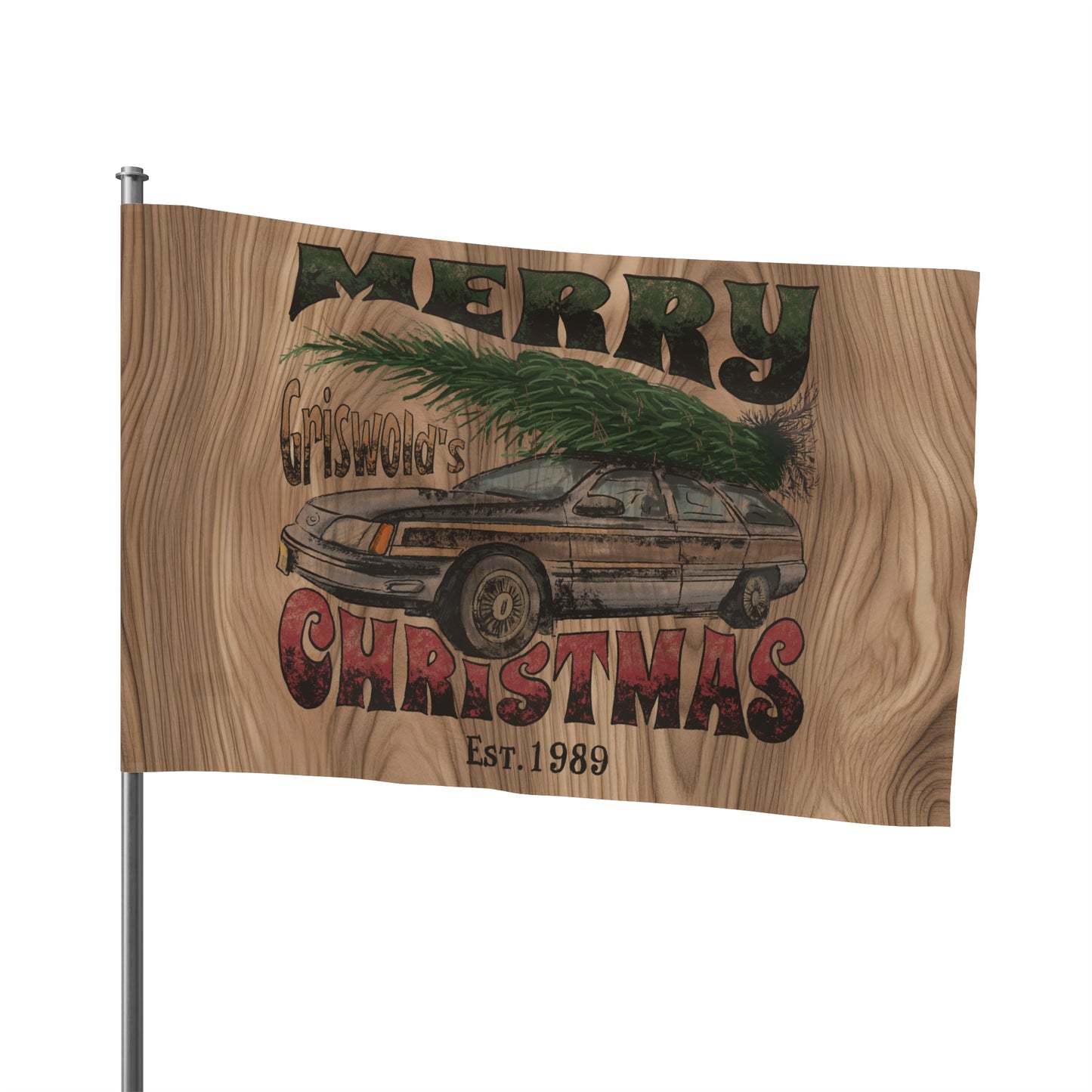 Distressed Merry Griswold's Christmas Tree Station Wagon Holiday Wooden Print Flag