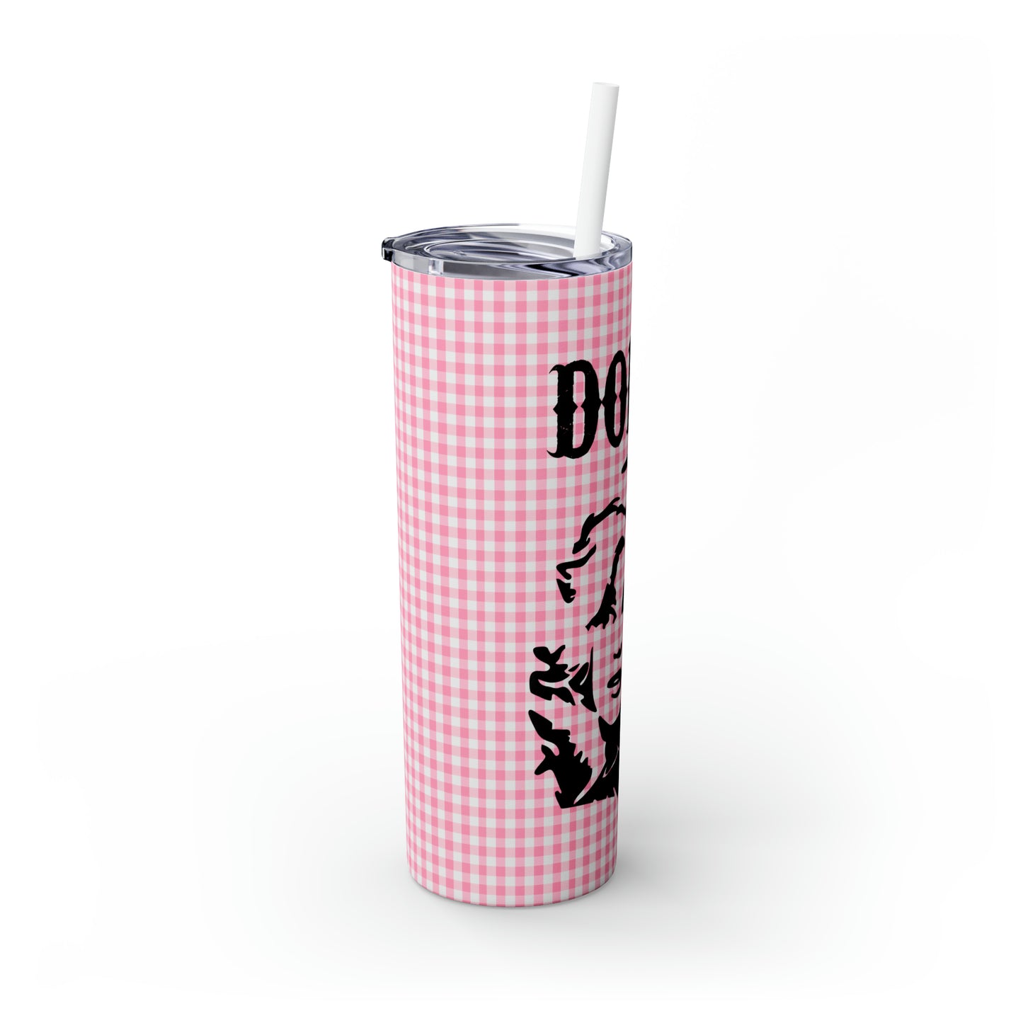 Dolly Portrait Pink Checkerboard Skinny Tumbler with Straw, 20oz