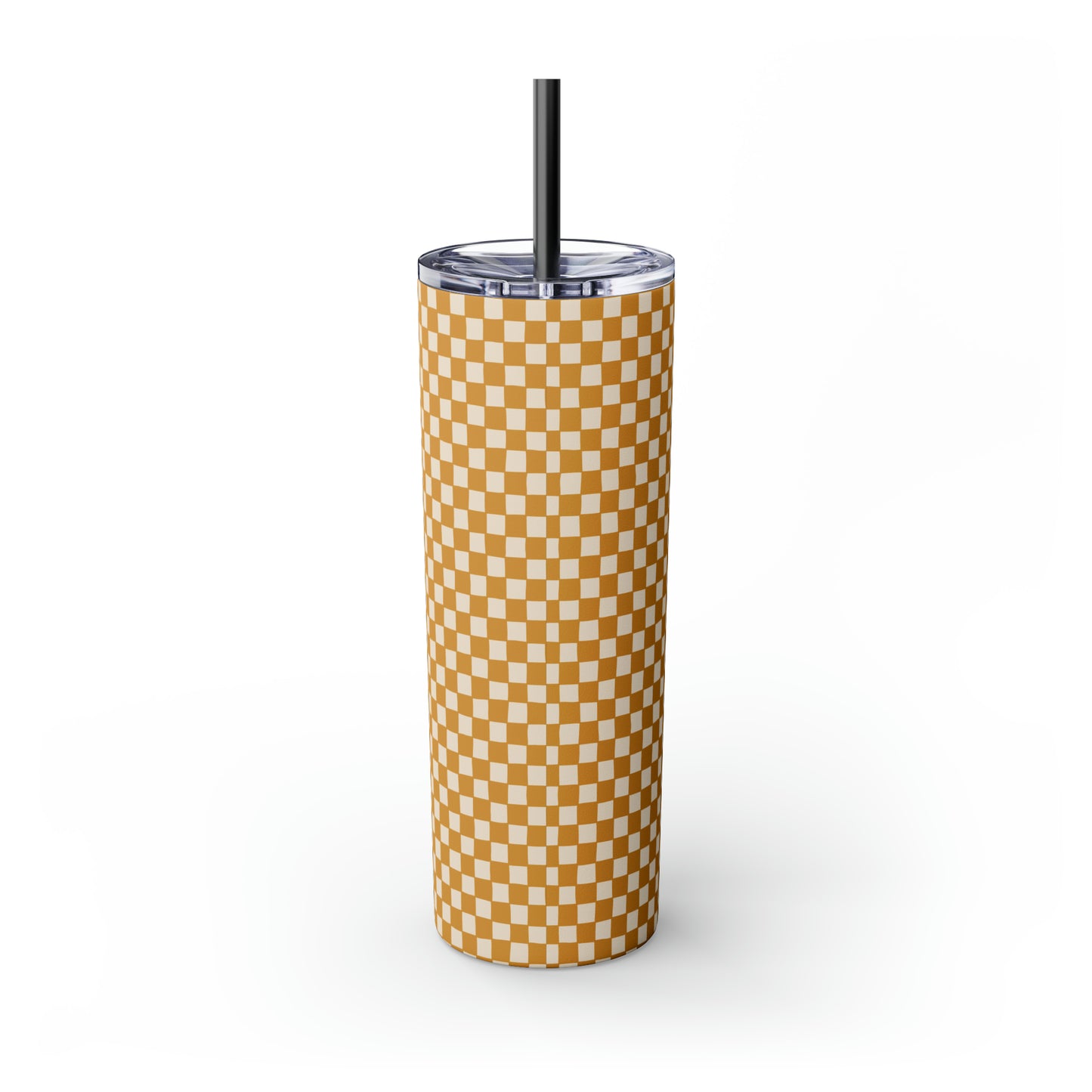 Boho Golden Checkerboard Print Skinny Tumbler with Straw, 20oz