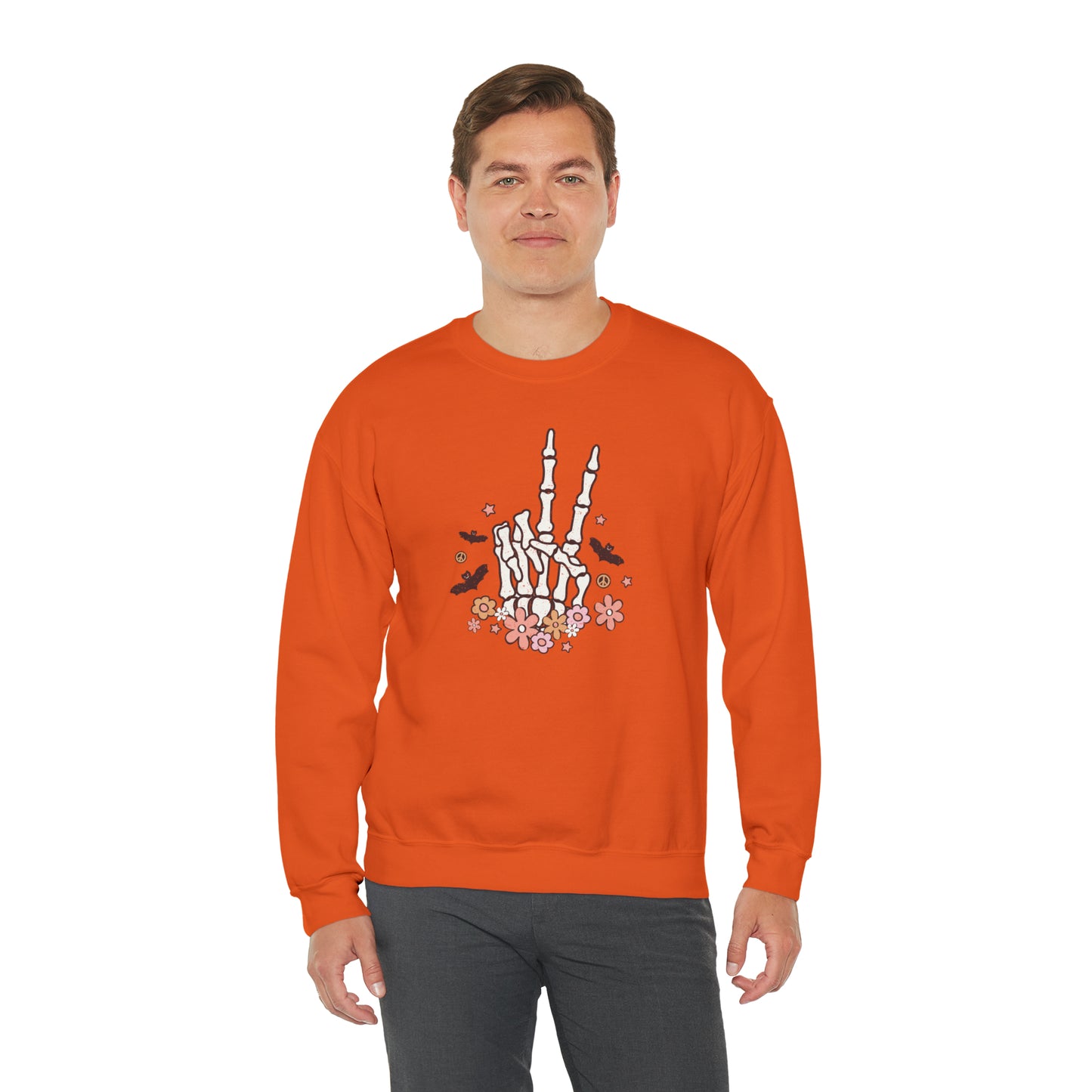 Boho Skeleton Floral Piece Sign Hand Fall Halloween Retro Warm Colored Unisex Heavy Blend™ Crewneck Sweatshirt