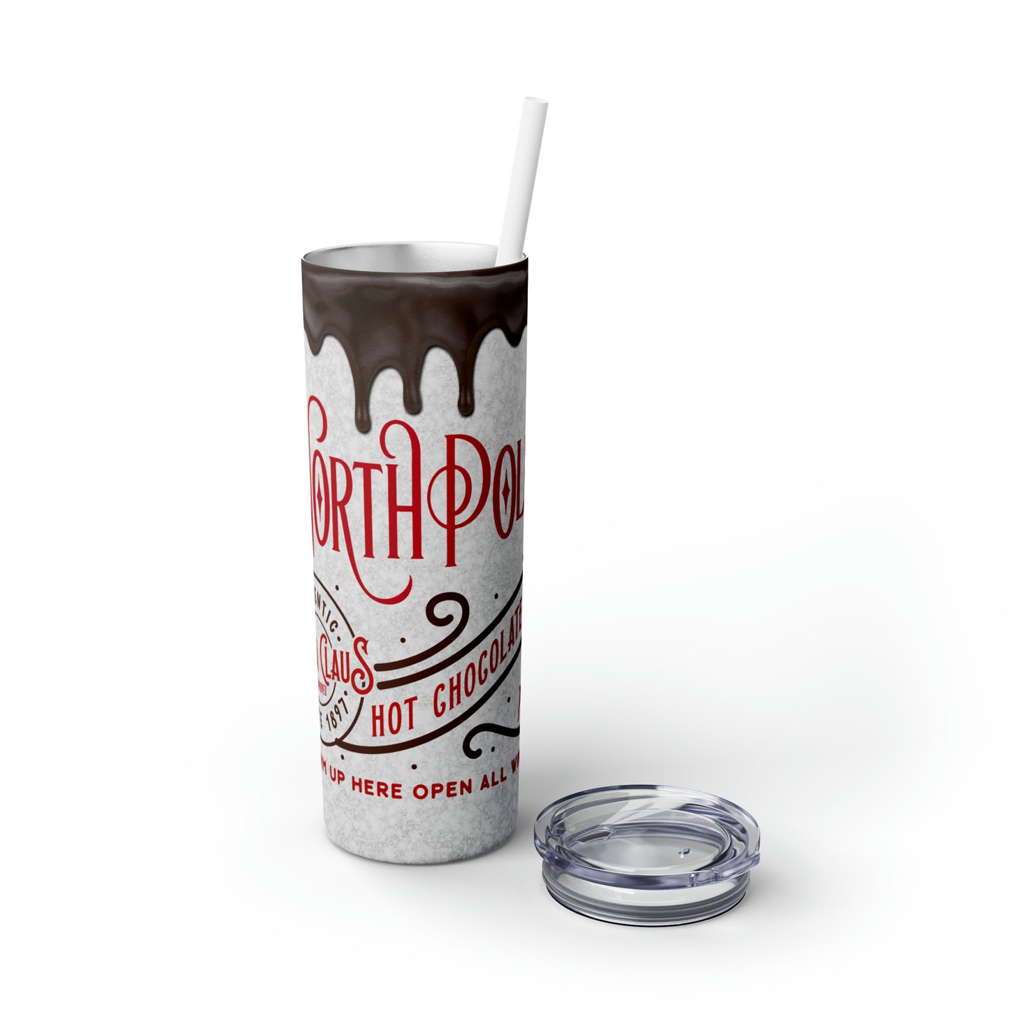 North Pole Santa Claus Hot Chocolate Co. Christmas/ Holiday Skinny Tumbler with Straw, 20oz