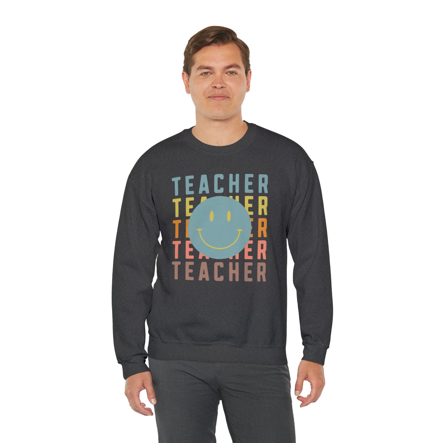 Multi Colored Teacher with Smiley Face Unisex Heavy Blend™ Crewneck Sweatshirt