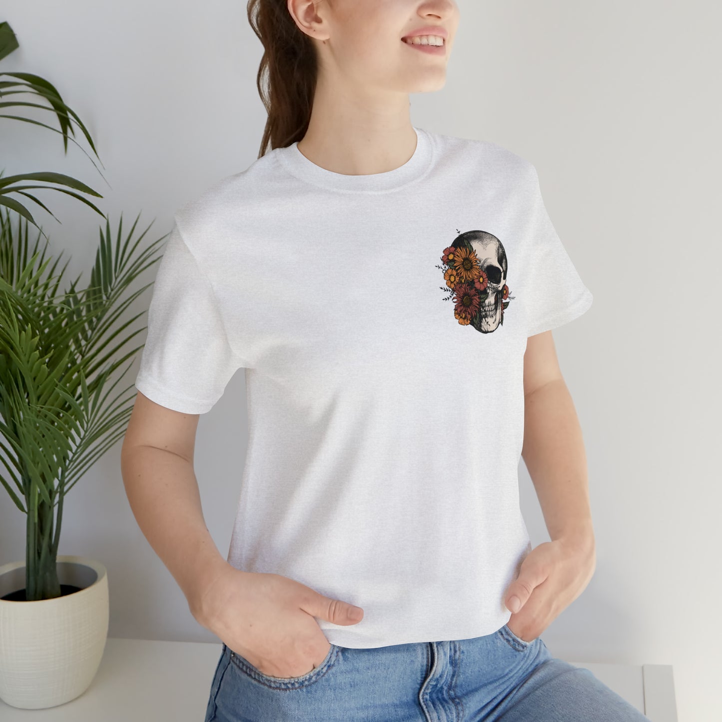 Floral Skeleton Head Front and Back Design T-Shirt