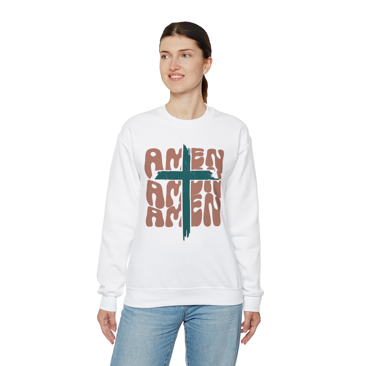 Vintage Amen Amen Amen with Cross Design Boho Color Print Heavy Blend™ Crewneck Sweatshirt