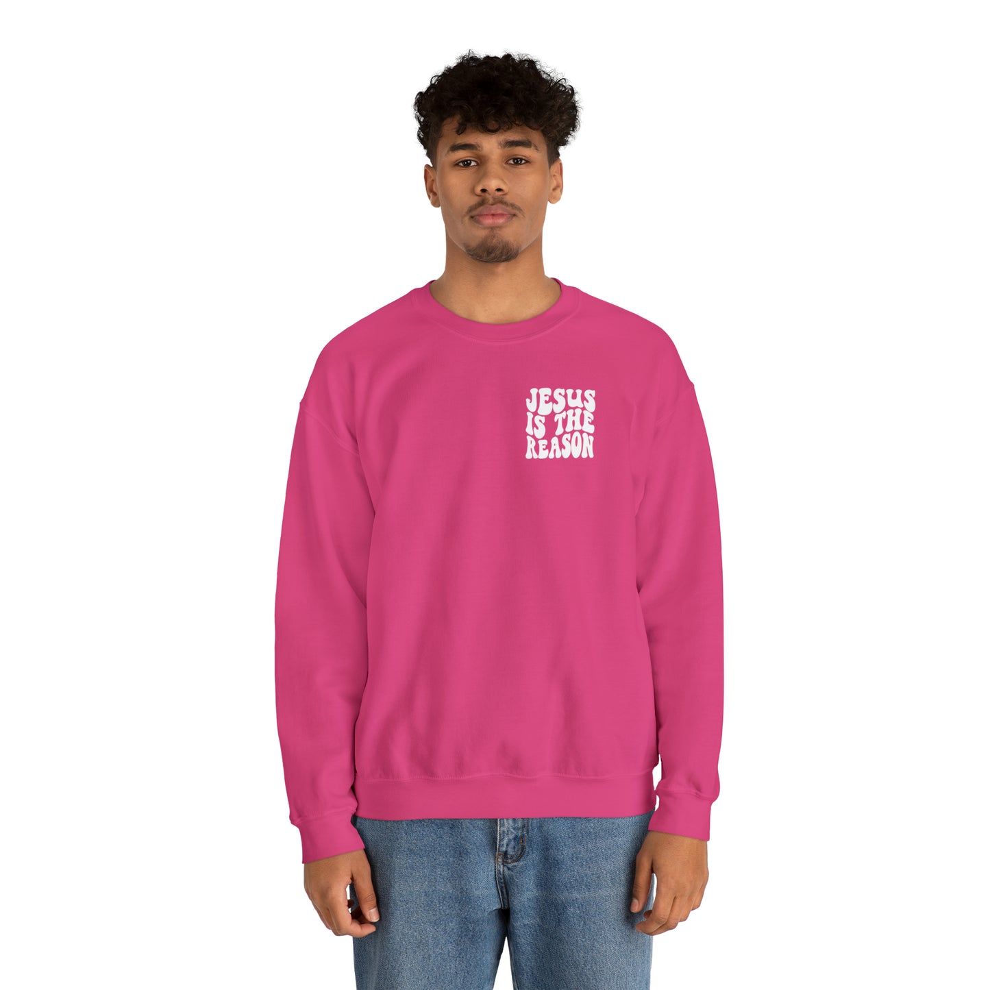 Jesus is the Reason Front & Back Design White Logo Unisex Heavy Blend™ Crewneck Sweatshirt