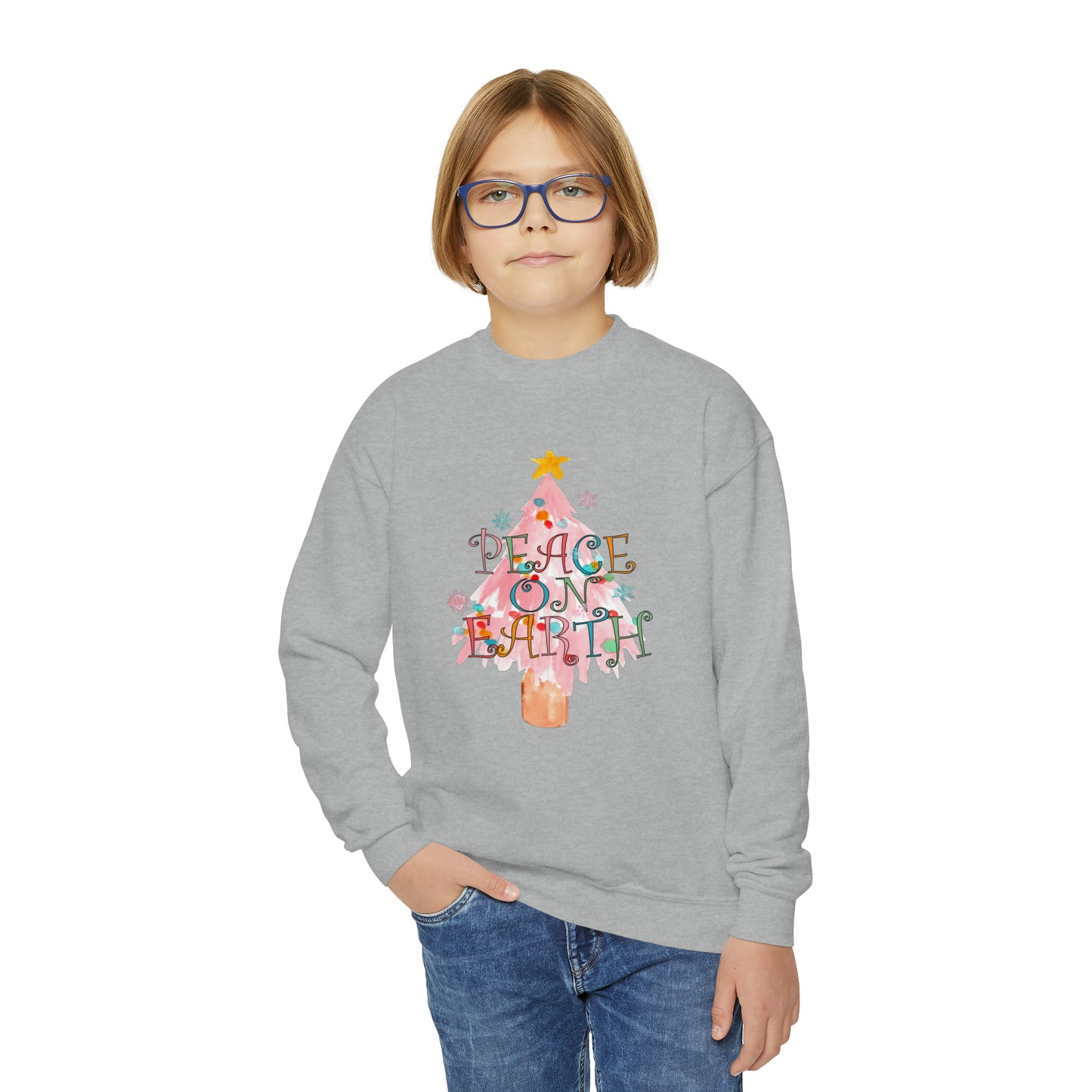 YOUTH - Peace on Earth Pink Christmas Tree/ Holiday Youth Crewneck Sweatshirt