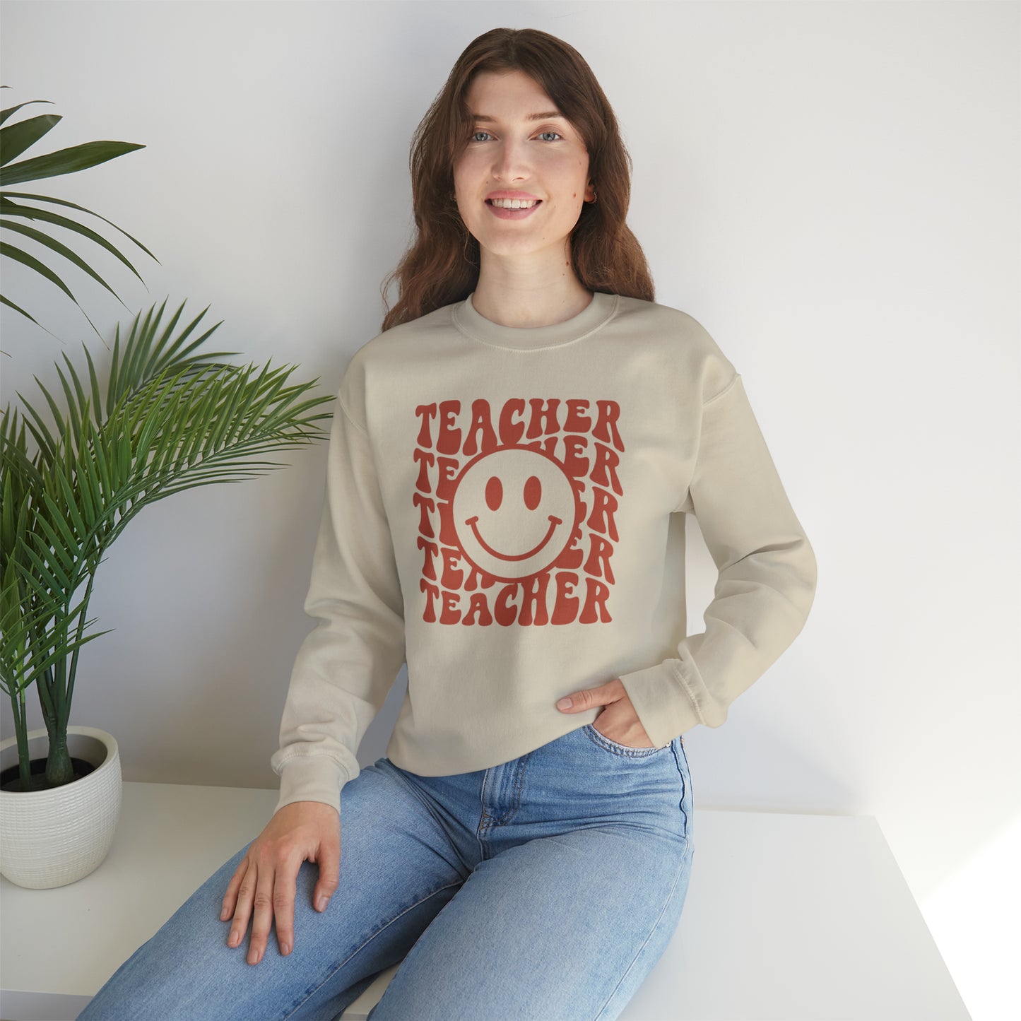 Retro Rust Colored Teacher with Smiley Face Unisex Heavy Blend™ Crewneck Sweatshirt