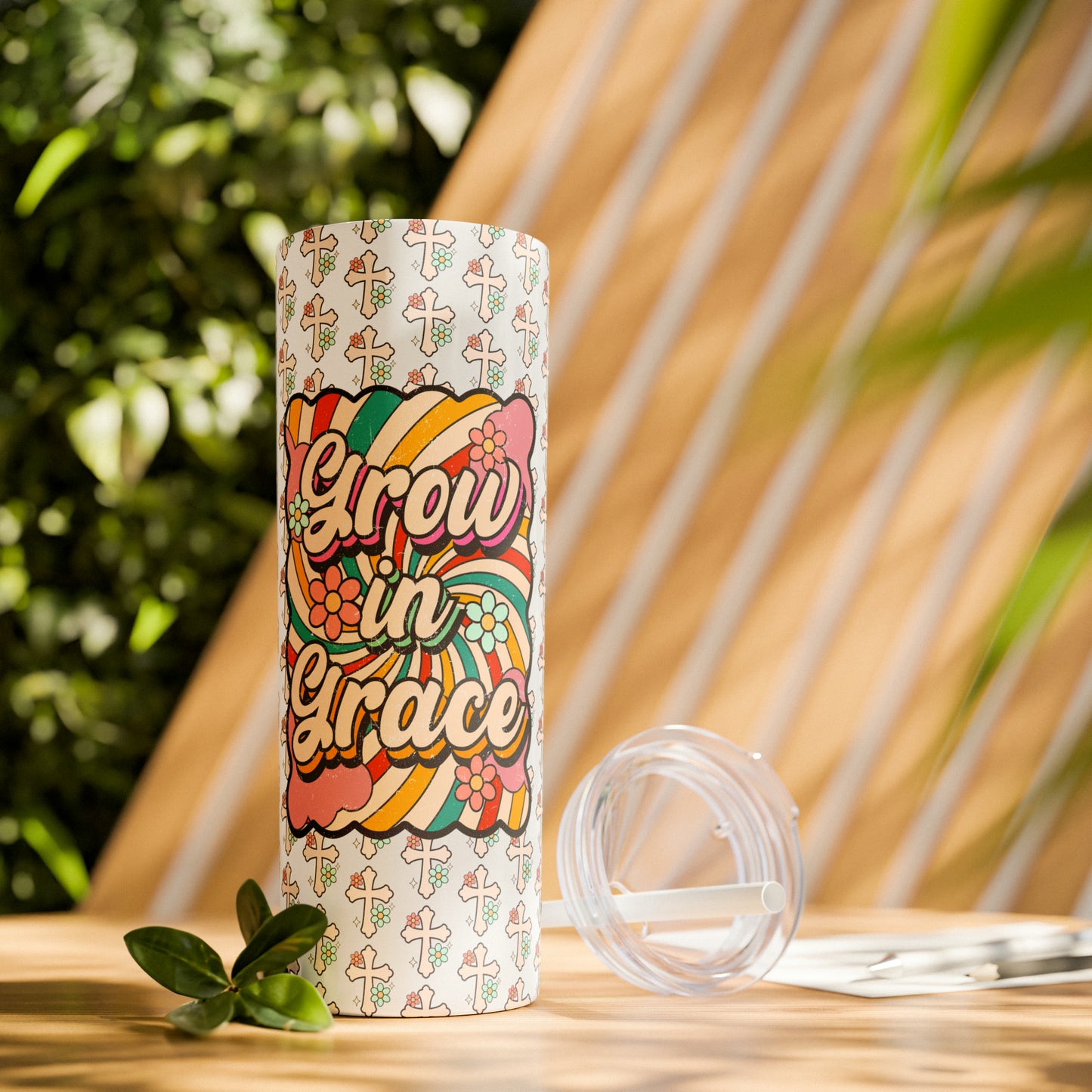Grow in Grace with Daisy Crosses Christian Skinny Tumbler with Straw, 20oz