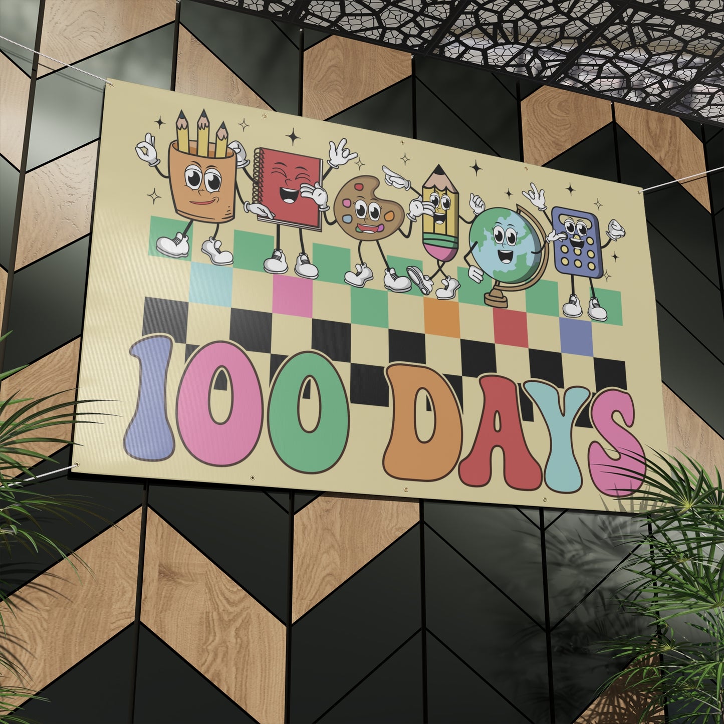 100 Days of School School Checkerboard Supply Characters Matte Banner