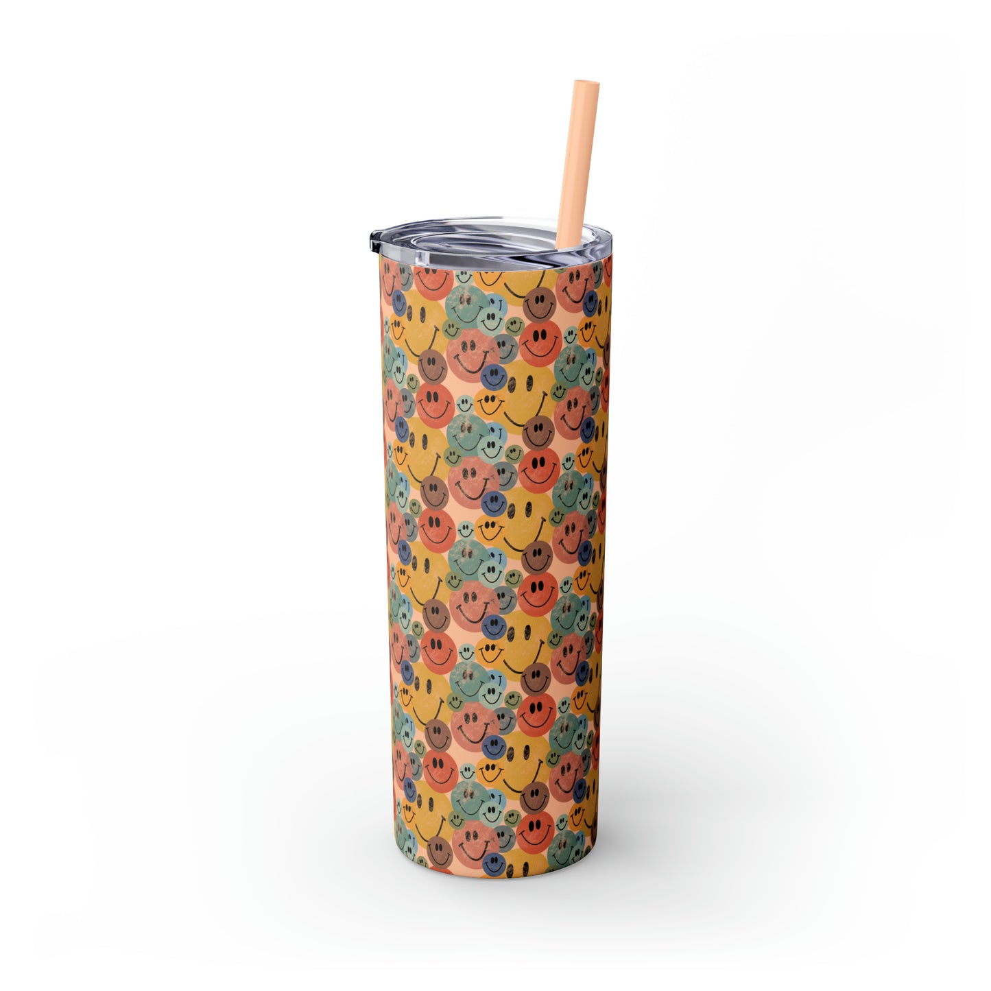 Old School Smiley Face Stickers Patterned Skinny Tumbler with Straw, 20oz
