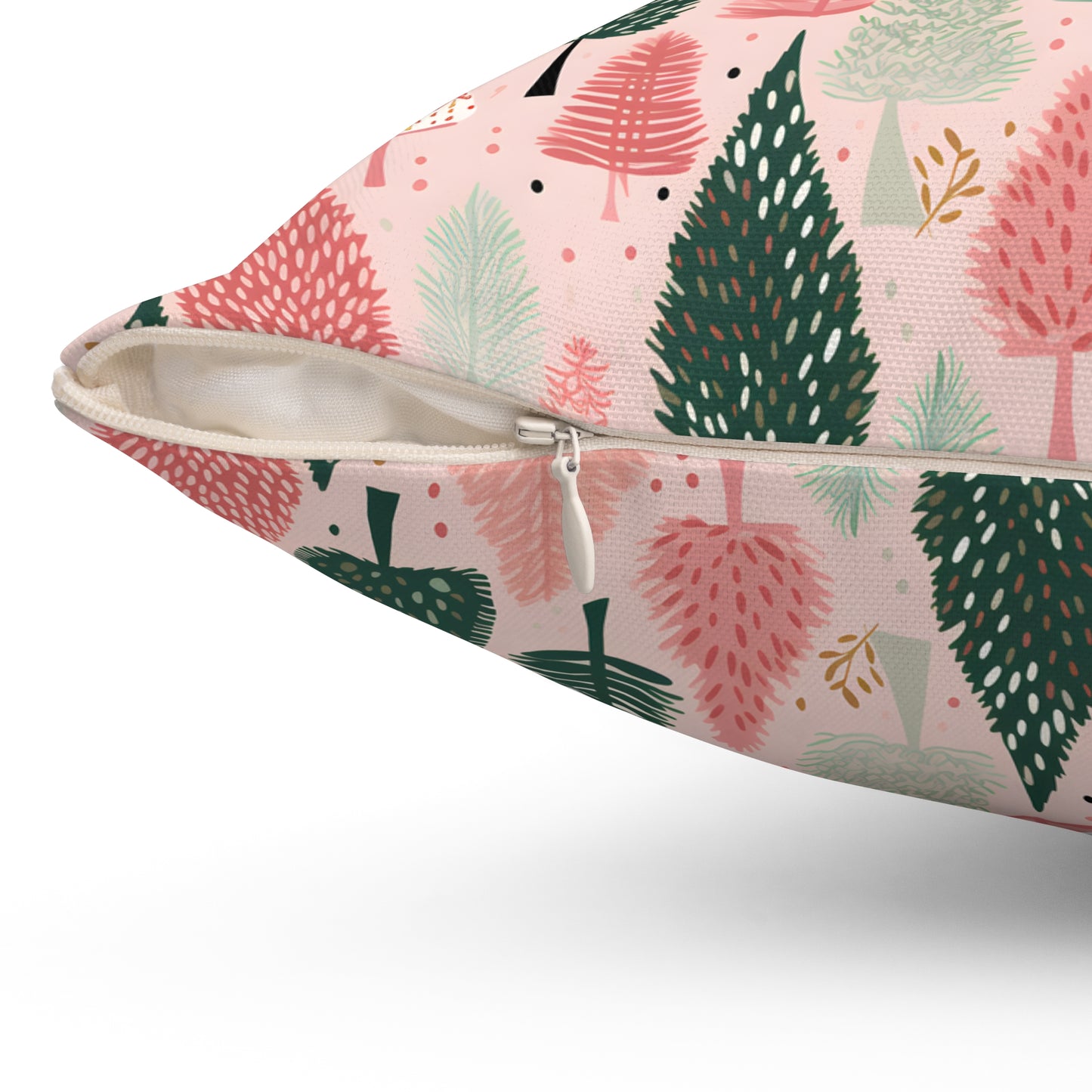 Boho Pink and Green Christmas Tree Print/ Holiday Polyester Square Pillow