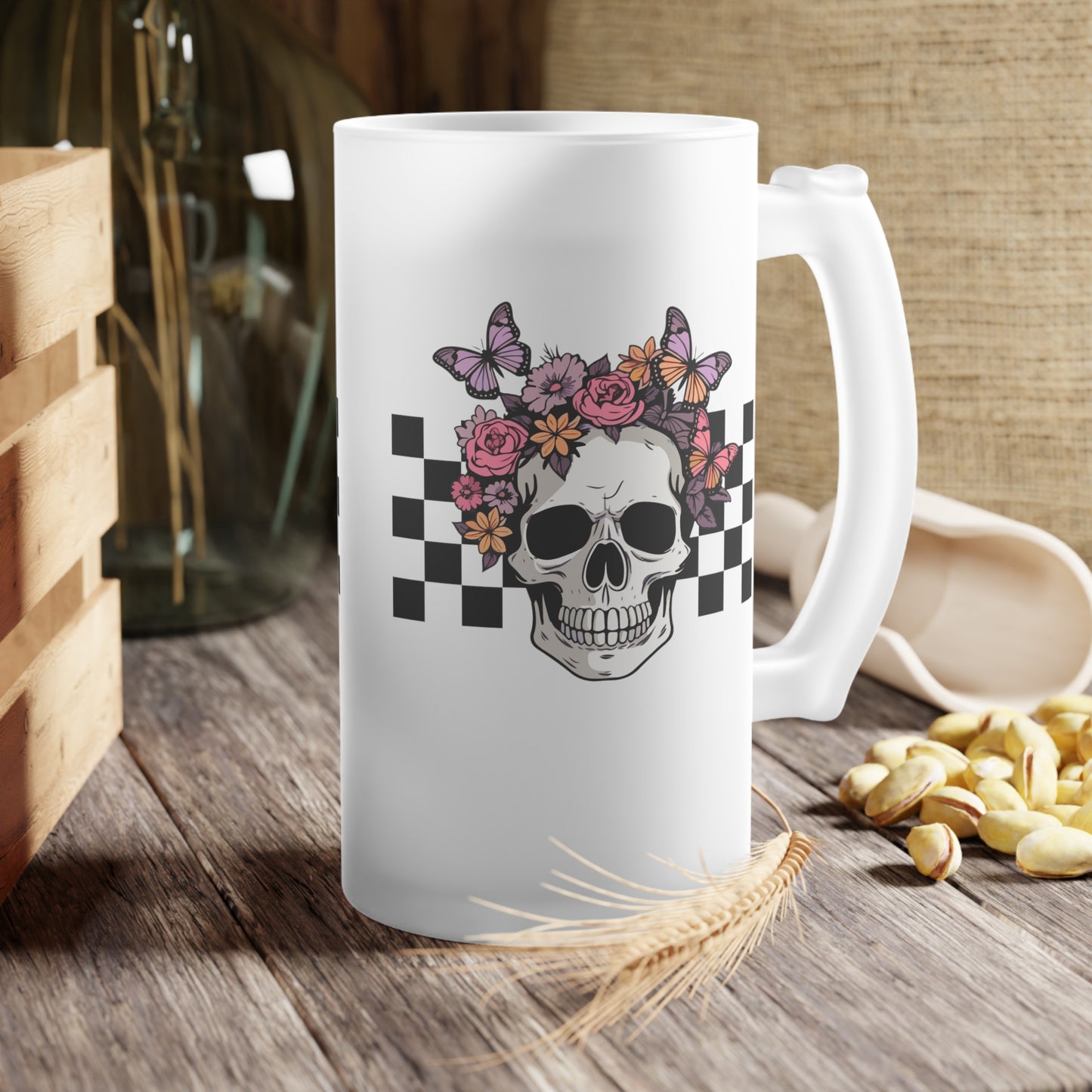 Floral Skeleton Head Hallowen/ Fall Logo Frosted Glass Beer Mug