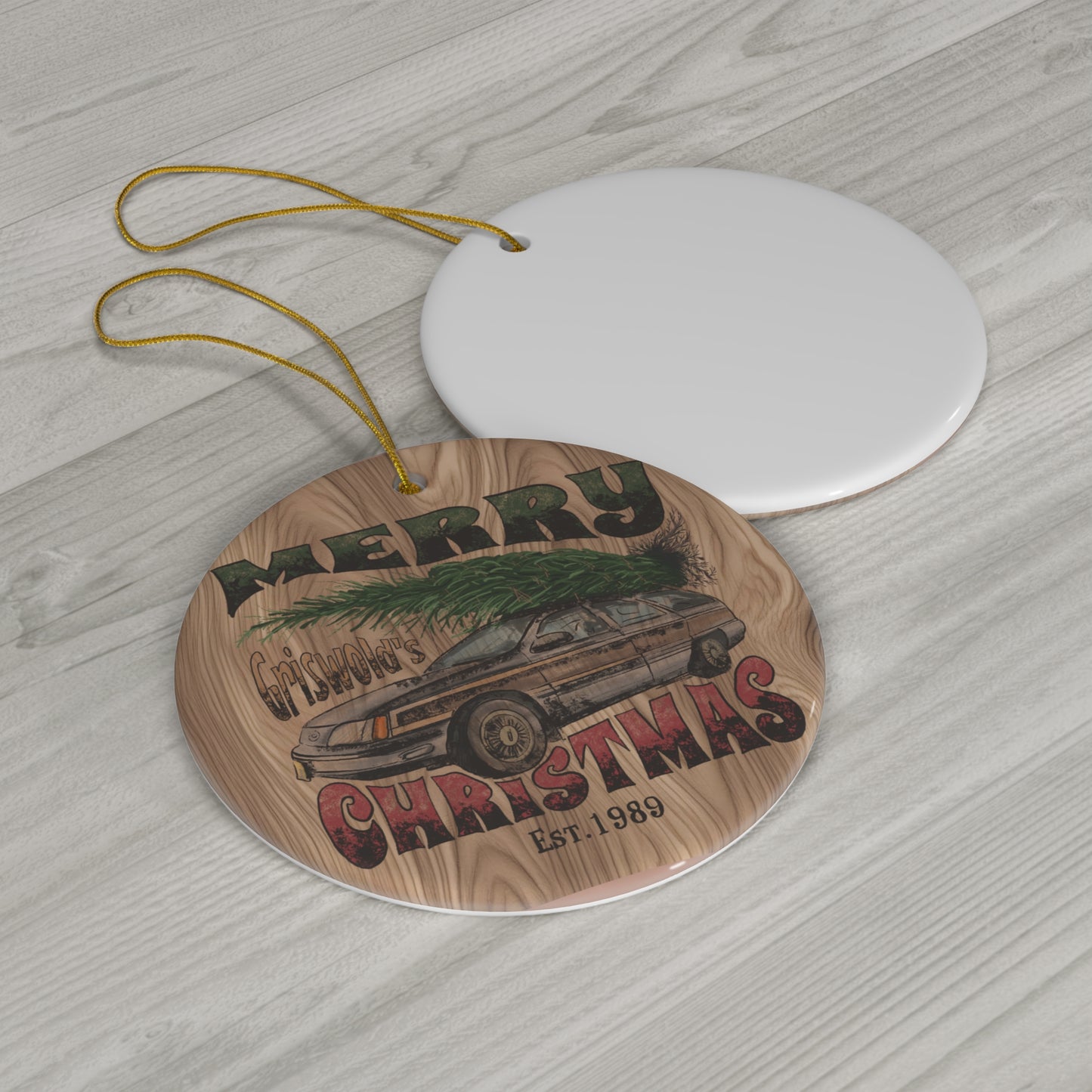 Distressed Merry Griswold's Christmas Tree Station Wagon Holiday Ceramic Ornament