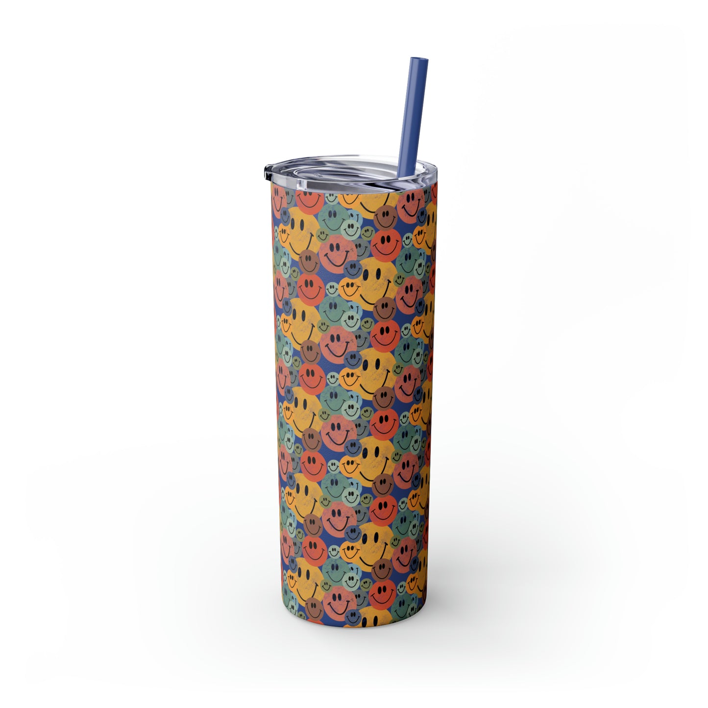 Old School Smiley Face Stickers Patterned Skinny Tumbler with Straw, 20oz