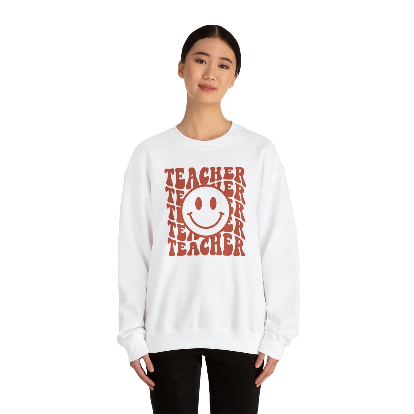 Retro Rust Colored Teacher with Smiley Face Unisex Heavy Blend™ Crewneck Sweatshirt